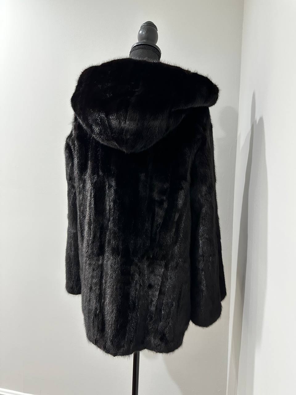 Luxury Womens Real MINK FUR 1201126 size M BLACK Coat Hooded Jacket