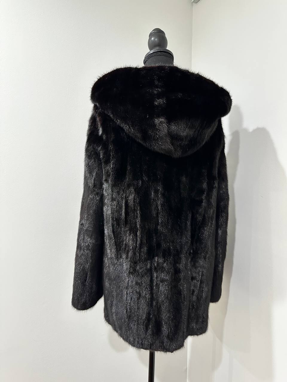 Luxury Womens Real MINK FUR 1201126 size M BLACK Coat Hooded Jacket