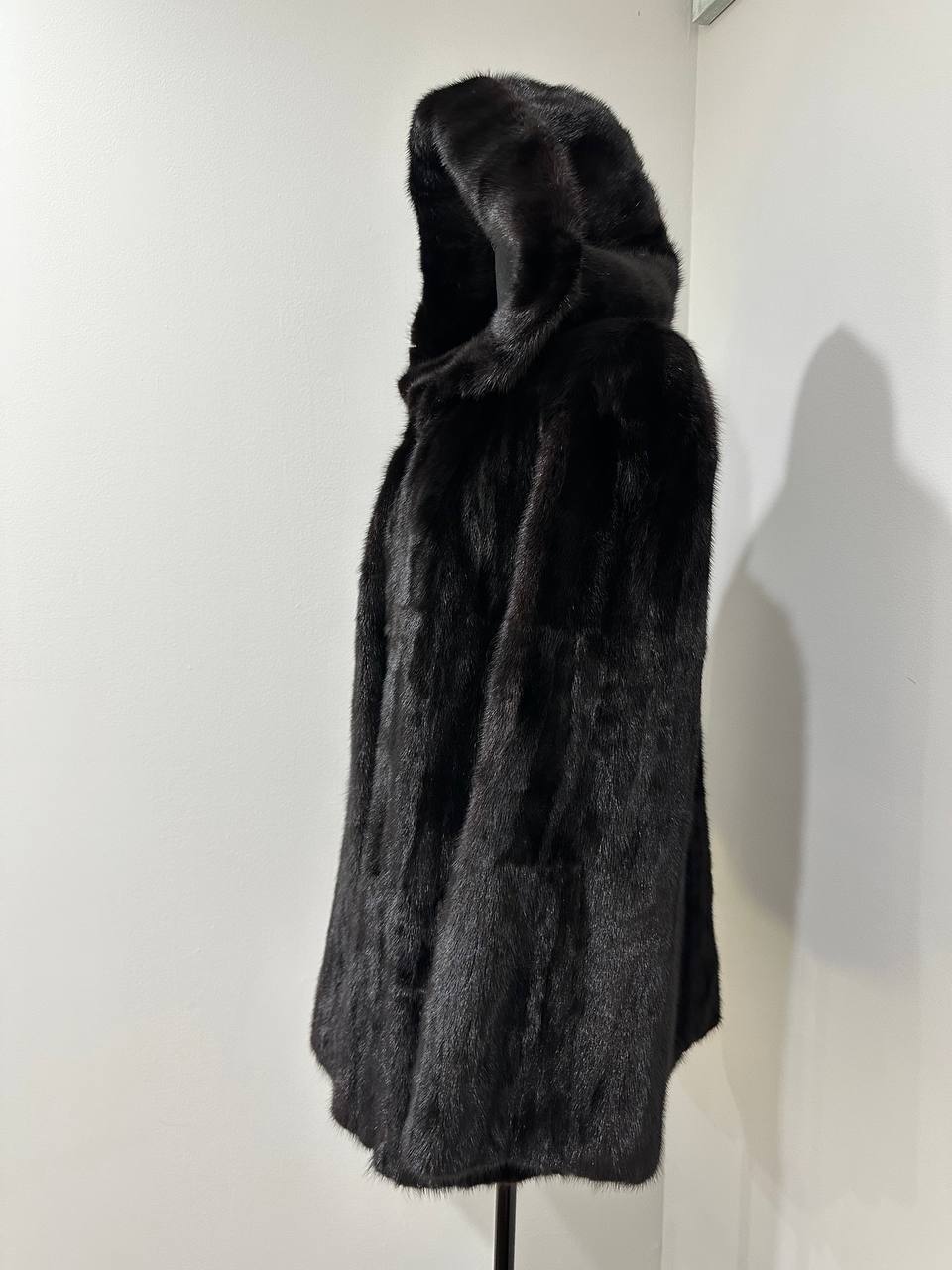 Luxury Womens Real MINK FUR 1201126 size M BLACK Coat Hooded Jacket