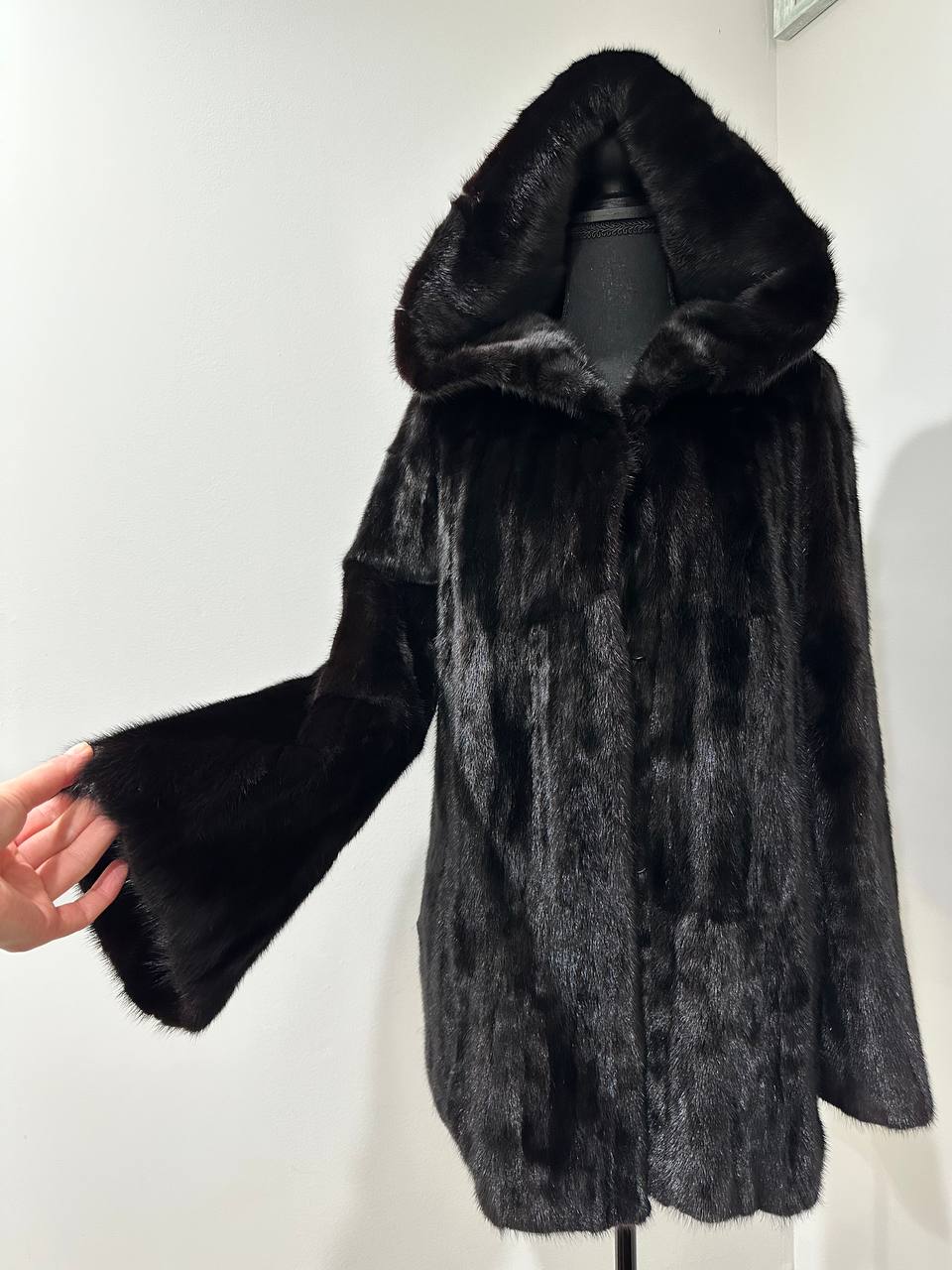 Luxury Womens Real MINK FUR 1201126 size M BLACK Coat Hooded Jacket