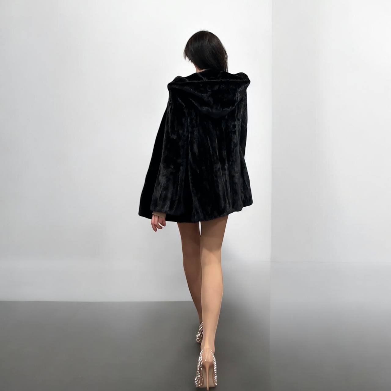 Luxury Womens Real MINK FUR 1201126 size M BLACK Coat Hooded Jacket