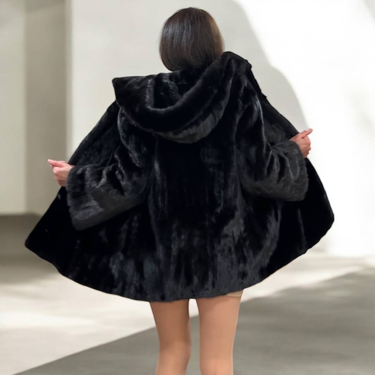 Luxury Womens Real MINK FUR 1201126 size M BLACK Coat Hooded Jacket