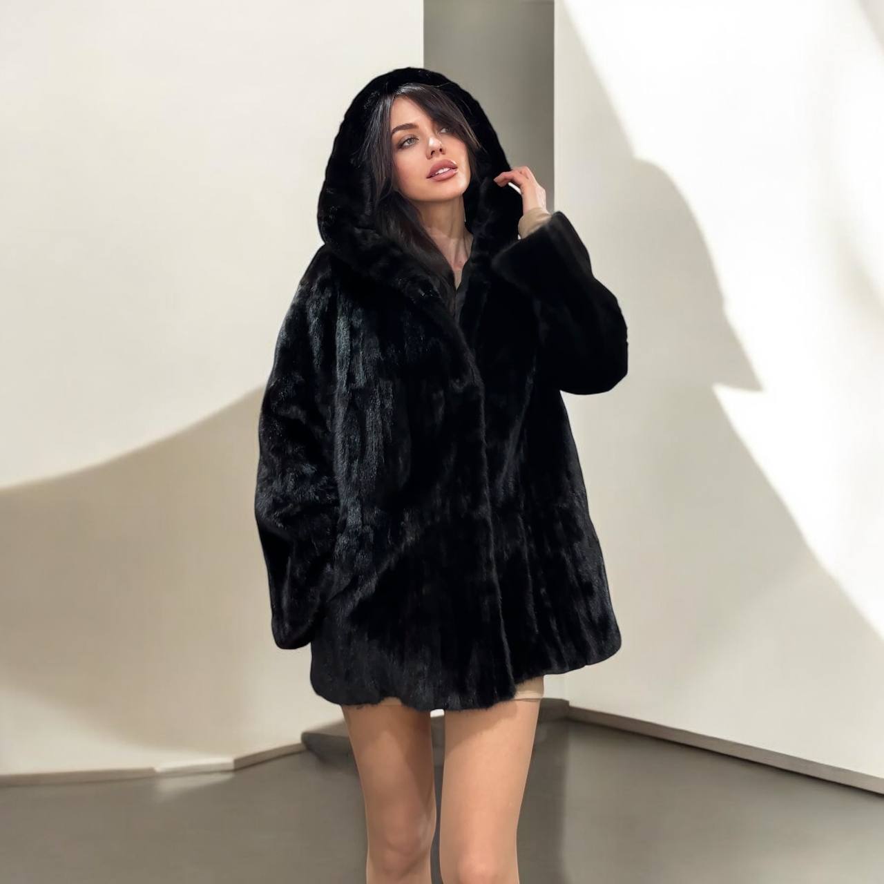 Luxury Womens Real MINK FUR 1201126 size M BLACK Coat Hooded Jacket