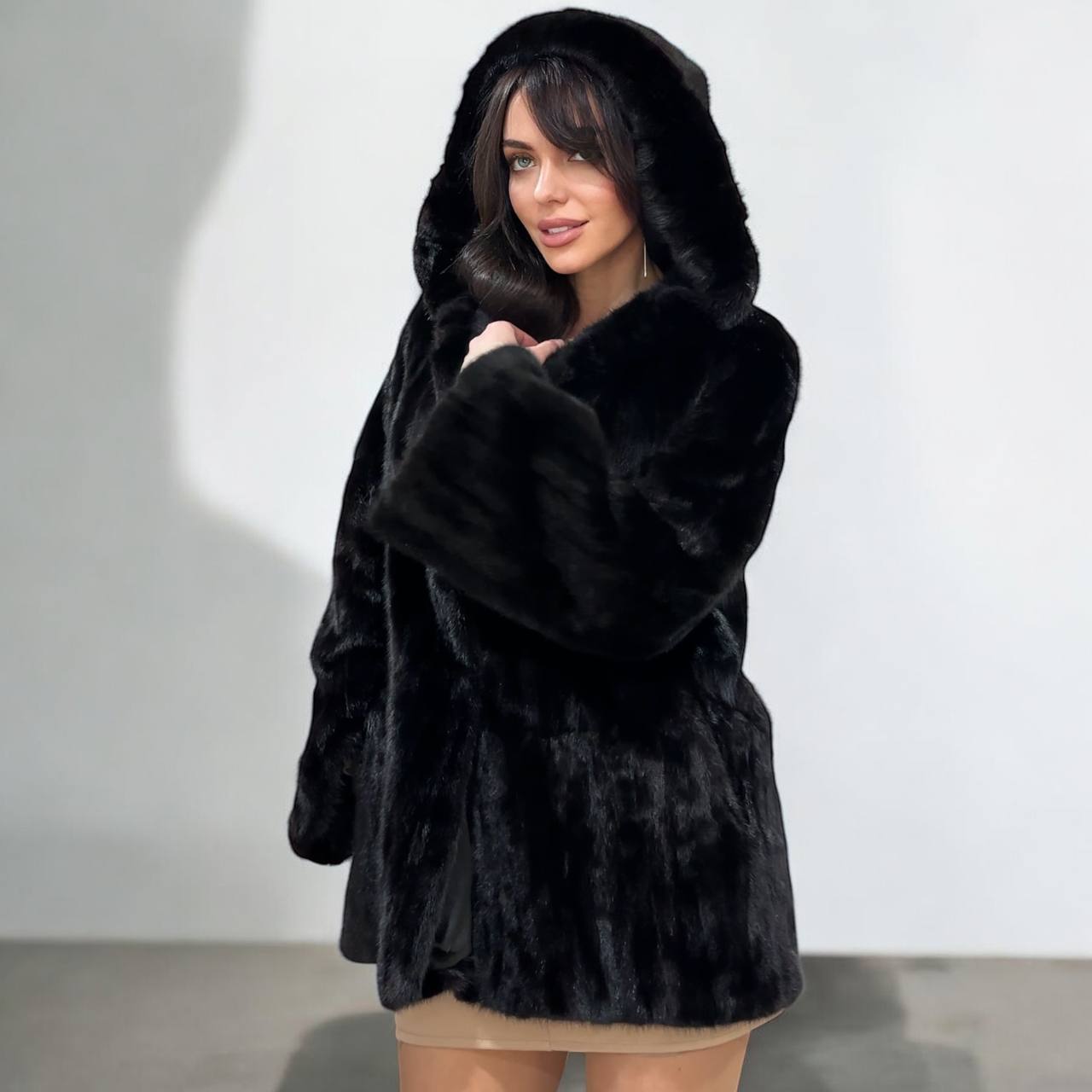 Luxury Womens Real MINK FUR 1201126 size M BLACK Coat Hooded Jacket