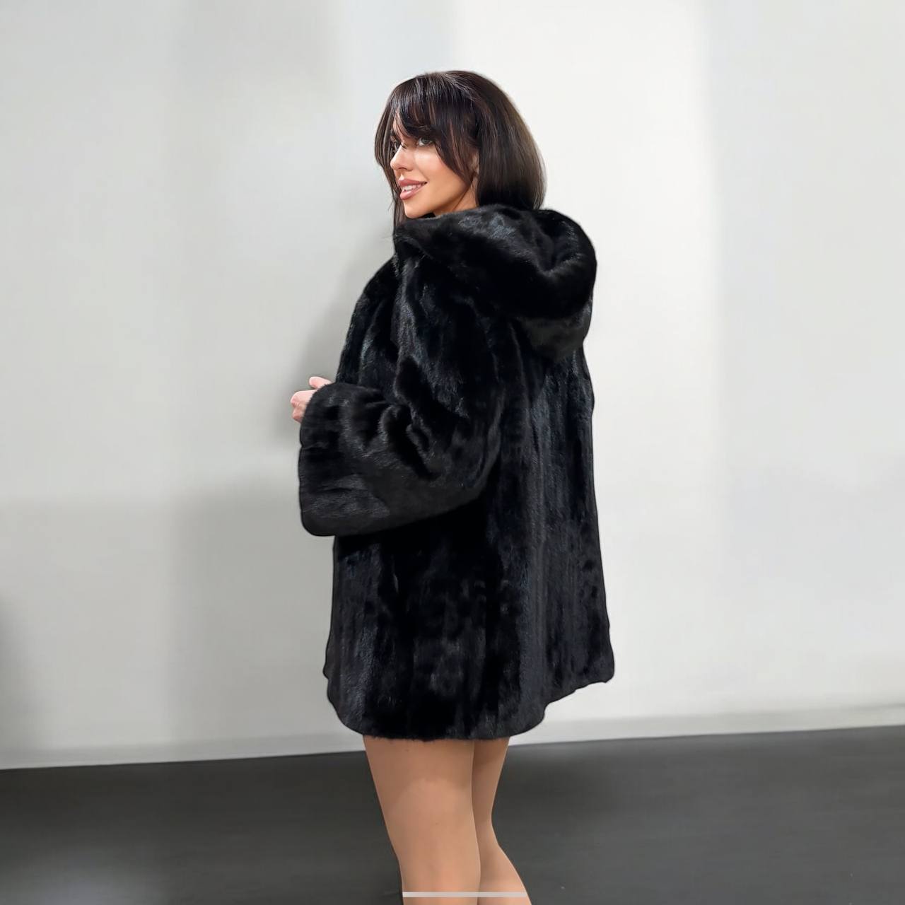Luxury Womens Real MINK FUR 1201126 size M BLACK Coat Hooded Jacket