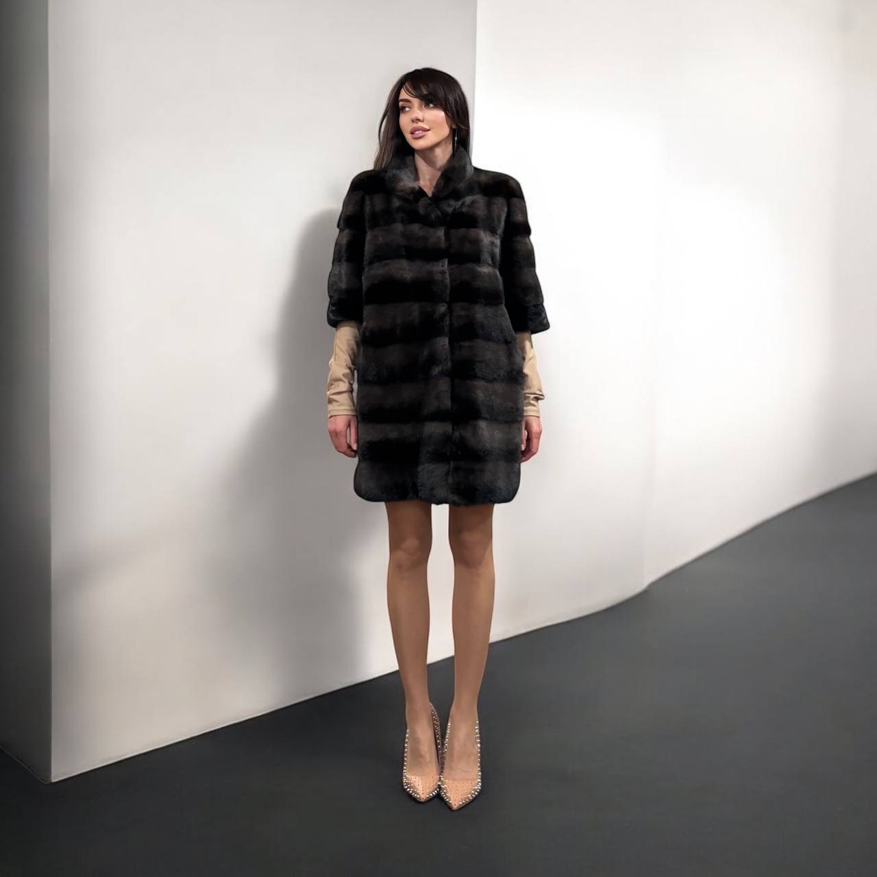 Noir Amethyst Real Genuine Mink Fur Coat with Violet-Black Striped shize L 1201125