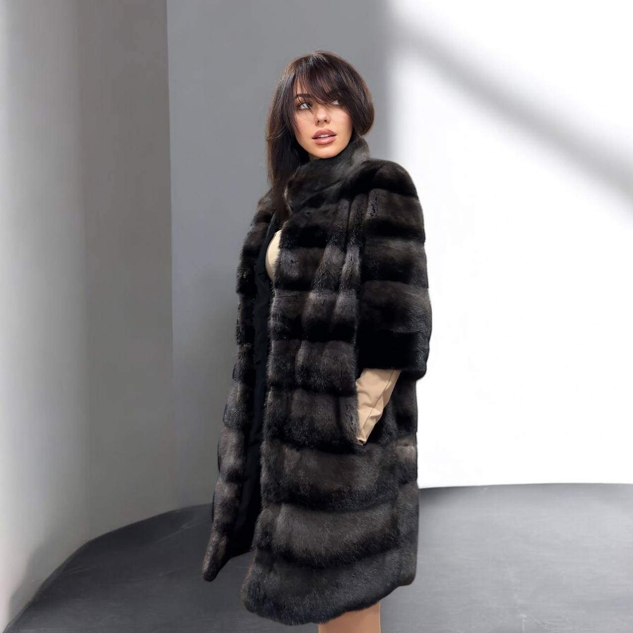 Noir Amethyst Real Genuine Mink Fur Coat with Violet-Black Striped shize L 1201125