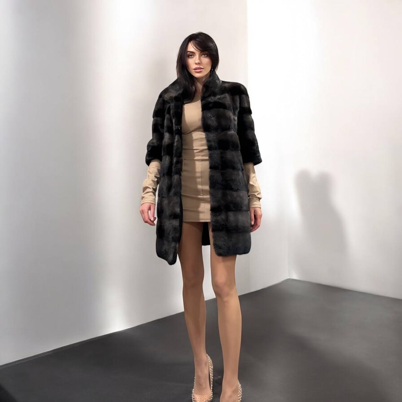 Noir Amethyst Real Genuine Mink Fur Coat with Violet-Black Striped shize L 1201125