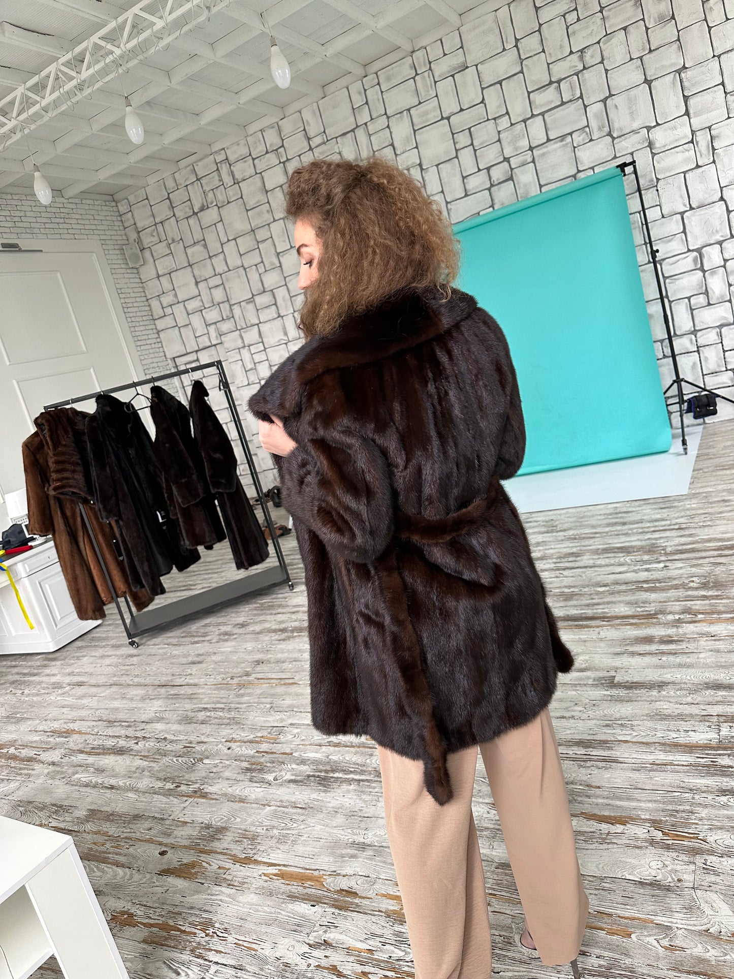 Women Real GENUINE Mink Fur coat belted brown chocolate size S NEW 1109935 FURSTAR