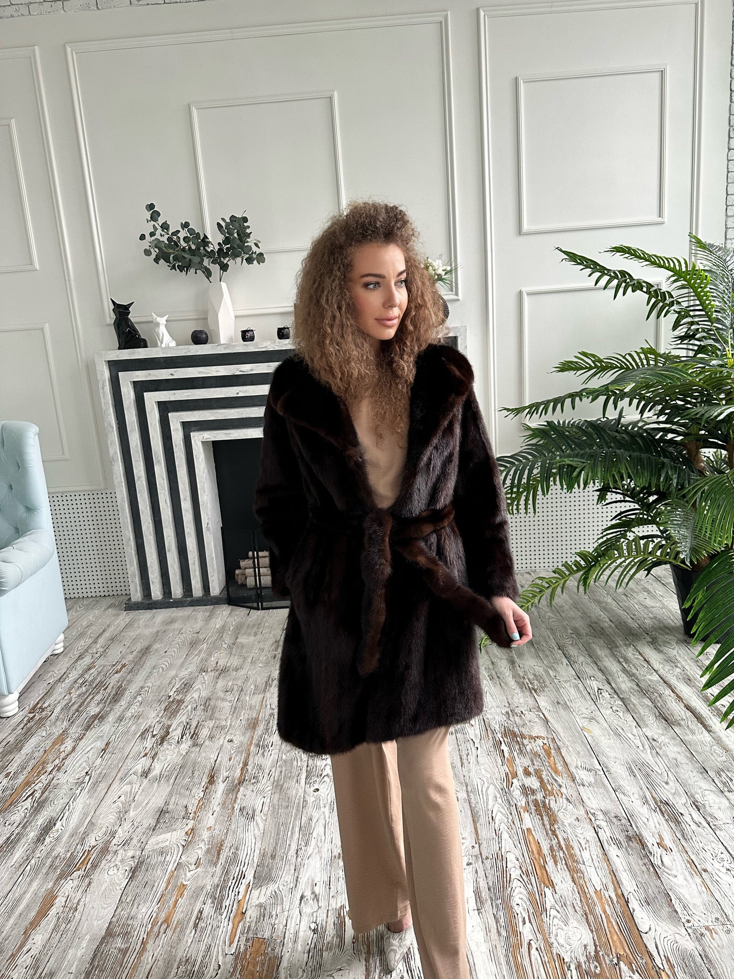 Women Real GENUINE Mink Fur coat belted brown chocolate size S NEW 1109935 FURSTAR
