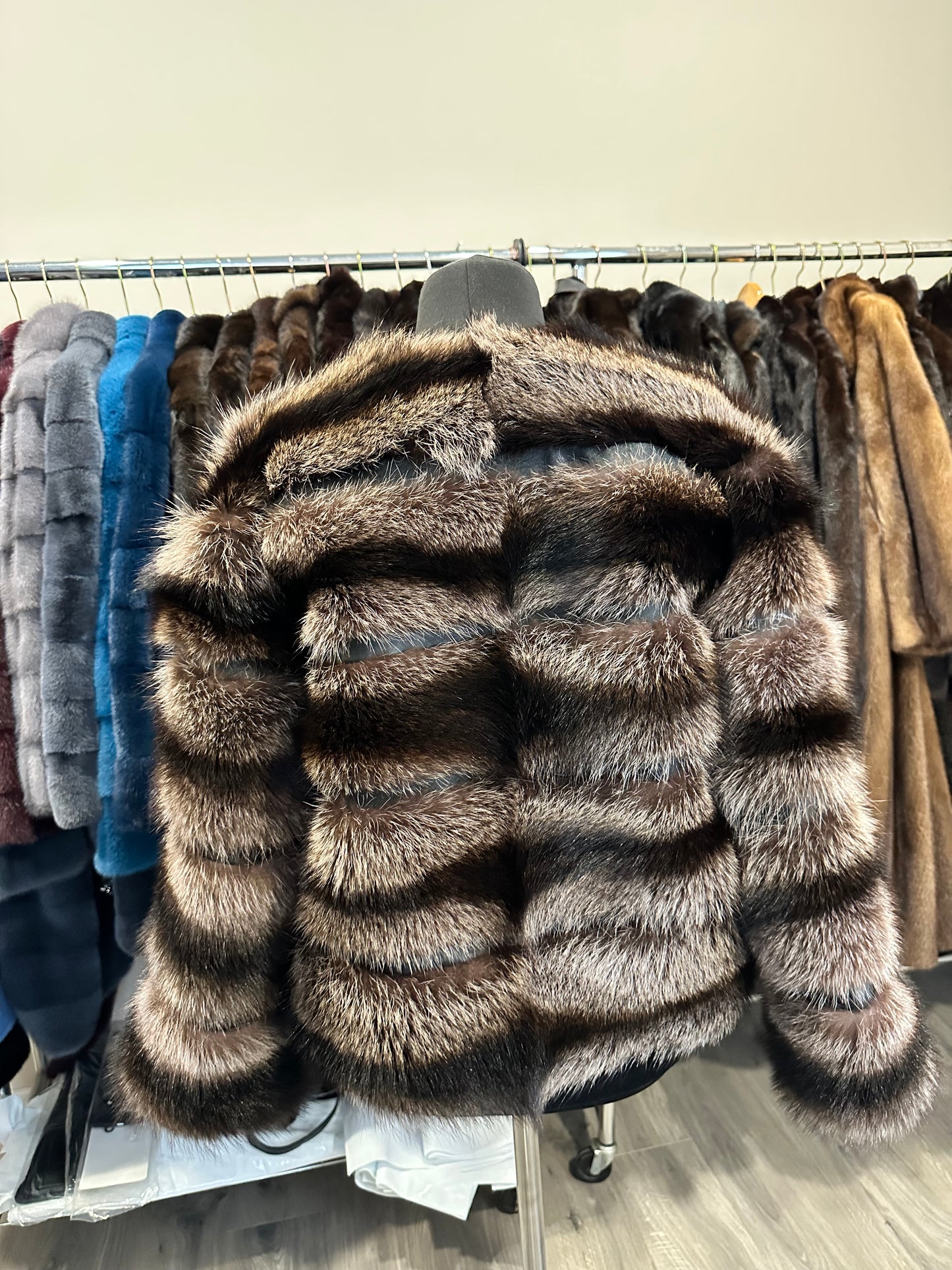 New Real raccoon Fur SHORT BOMBER Coat Size XL 1109833 HORIZONTAL STYLE