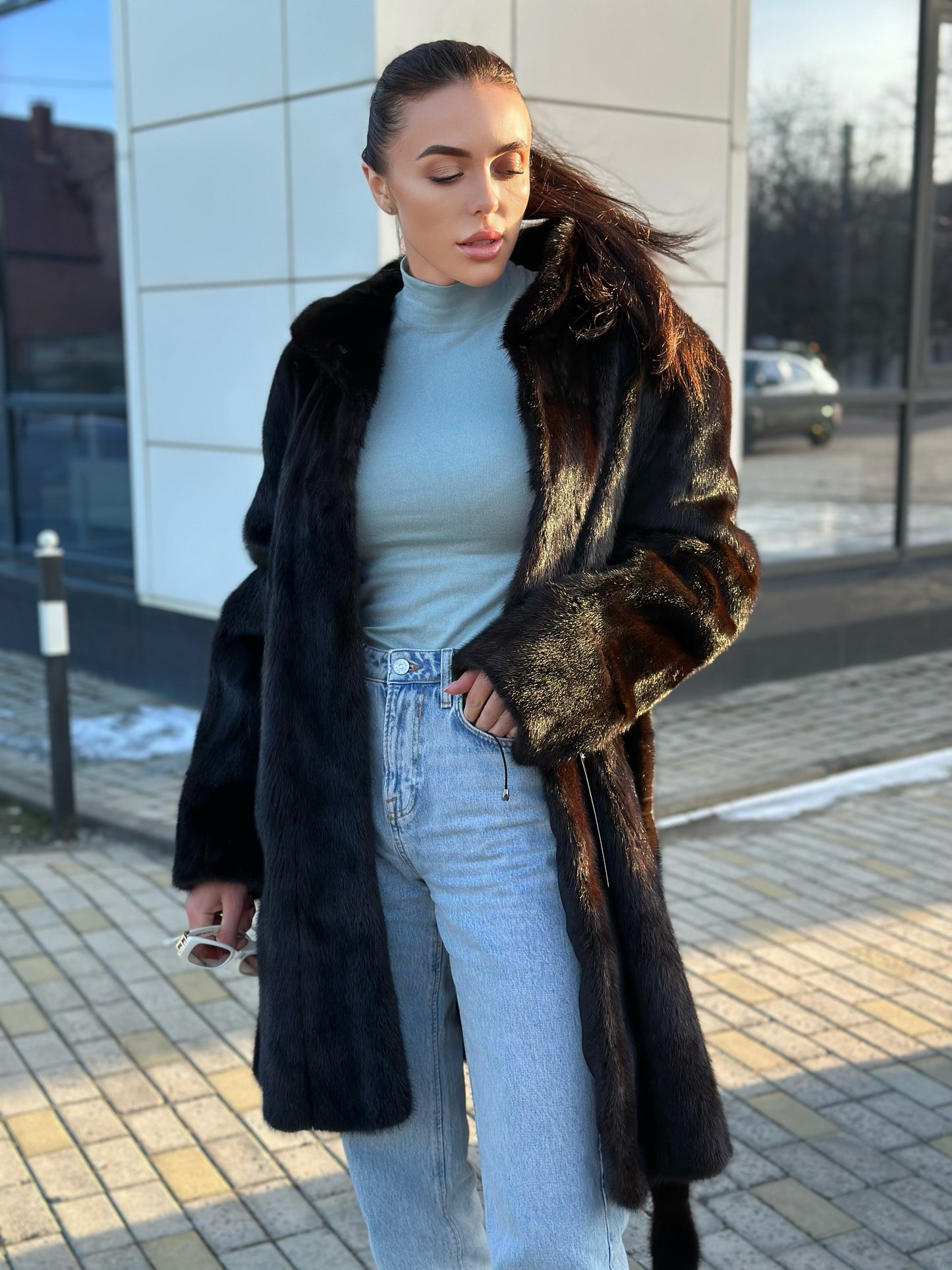 genuine real mink fur coat jacket 1109898 size L new dark brown color