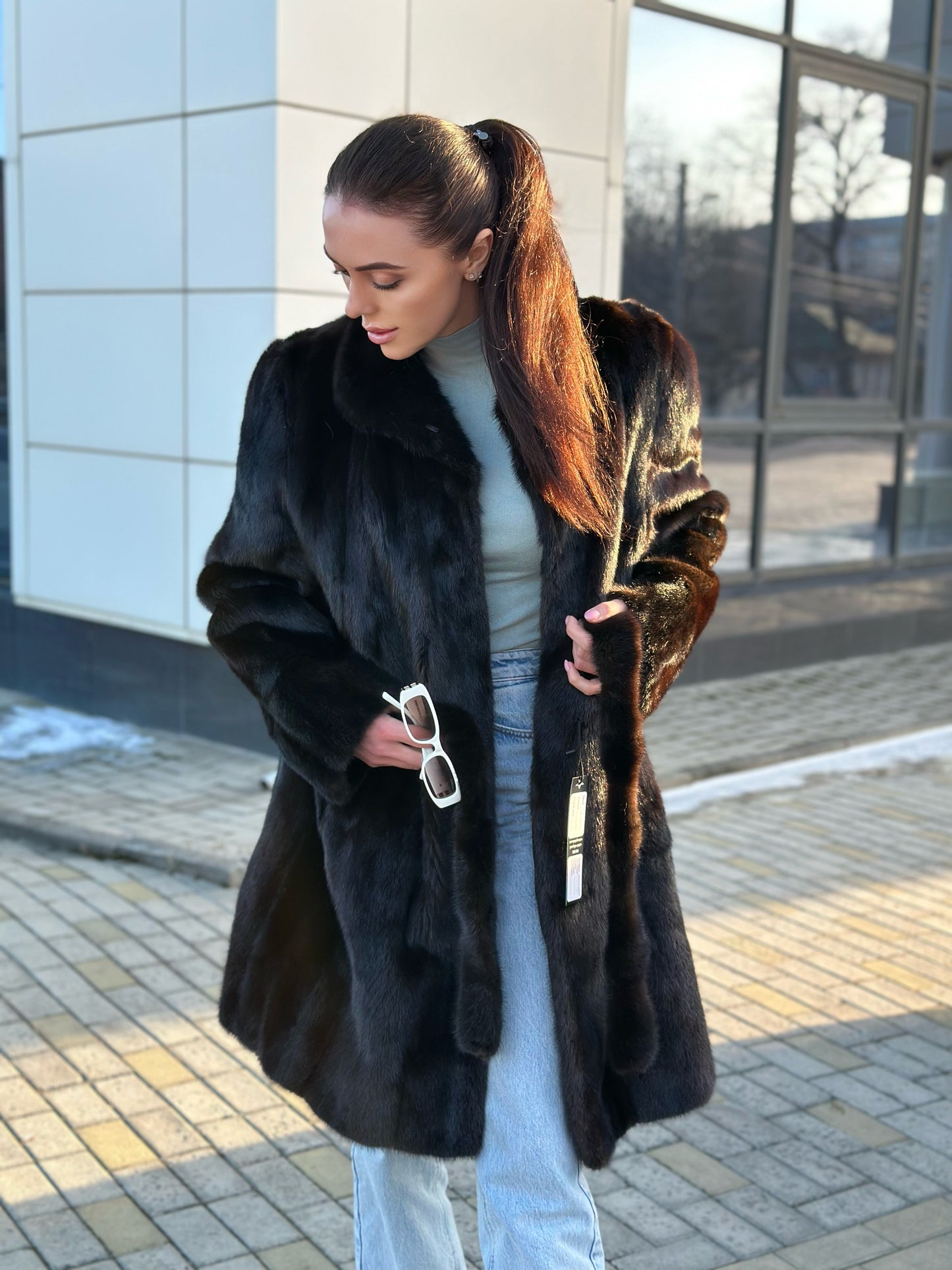 genuine real mink fur coat jacket 1109898 size L new dark brown color