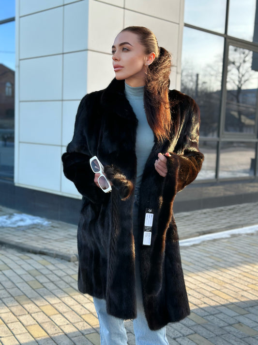 genuine real mink fur coat jacket 1109898 size L new dark brown color