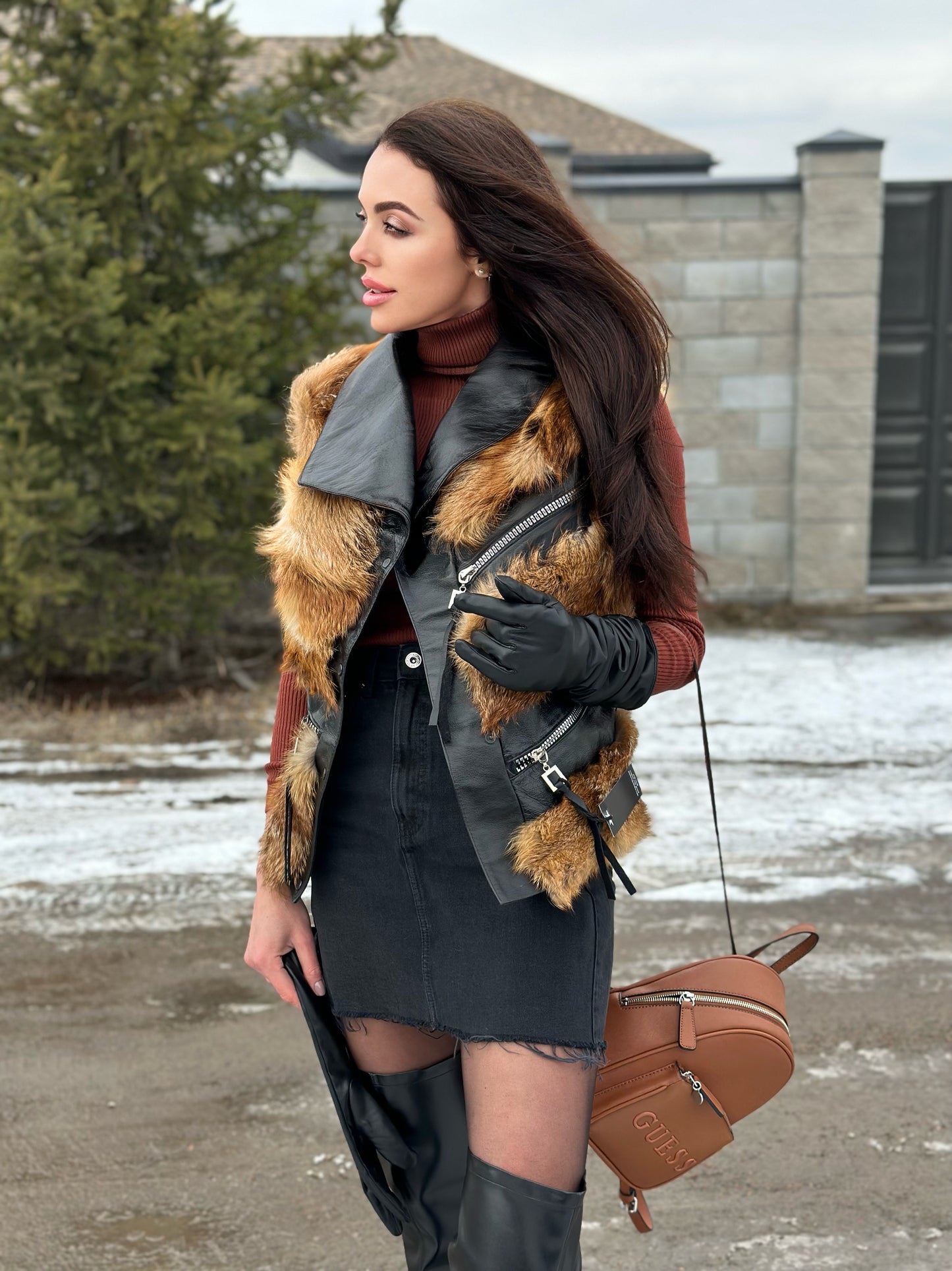 REAL genuine FOX fur women vest L SIZE LEATHER 1109903 WITHOUT SLEEVES