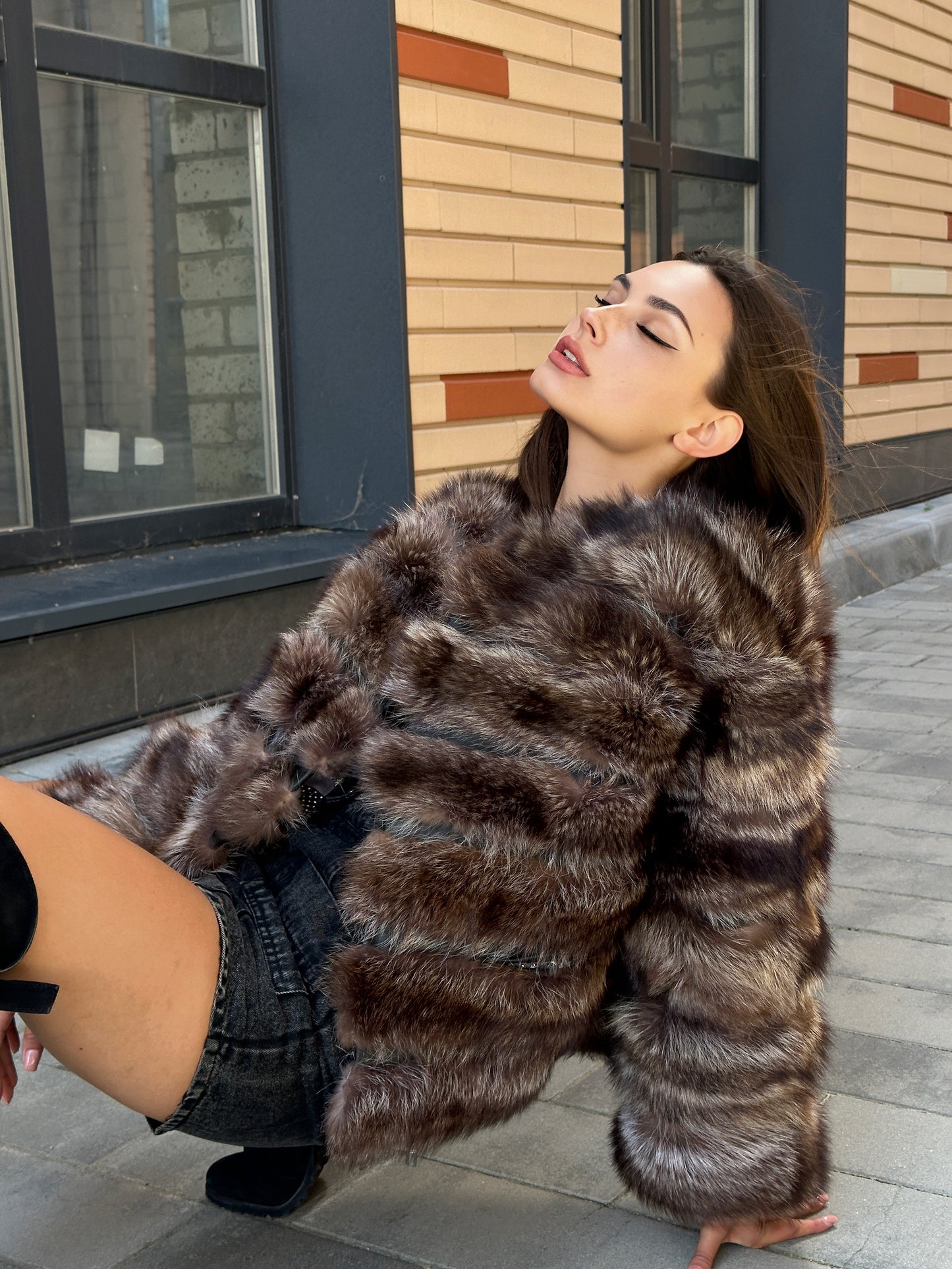 Real raccoon 100% Fur SHORT BOMBER Coat Size L 1109838 HORIZONTAL STYLE