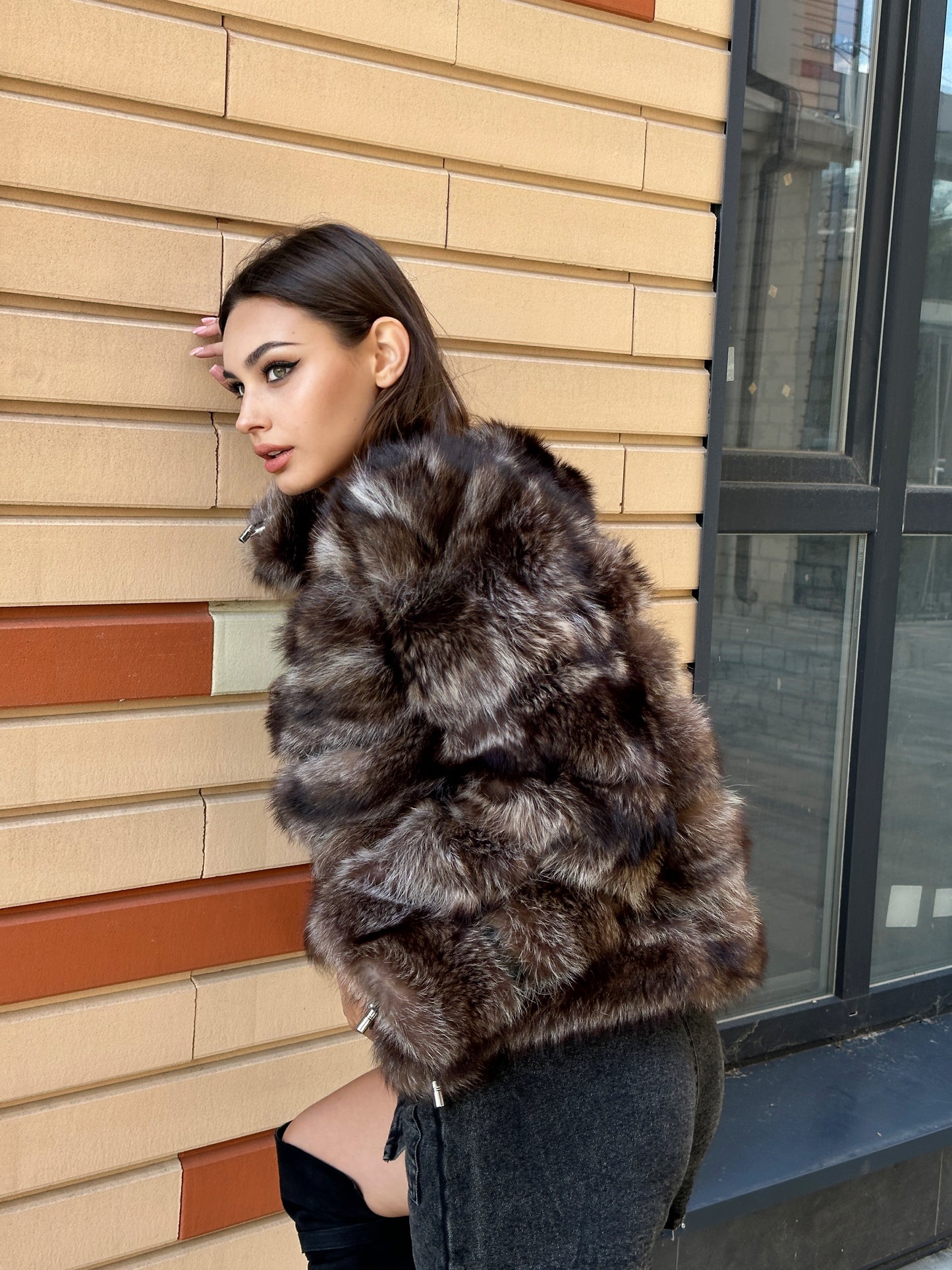 Real raccoon 100% Fur SHORT BOMBER Coat Size L 1109838 HORIZONTAL STYLE