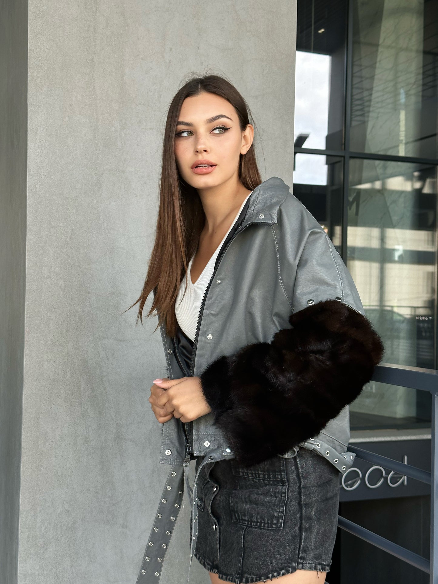 GENUINE REAL Mink Fur gray Sheep Leather Biker Jacket Women SIZE M 1109941