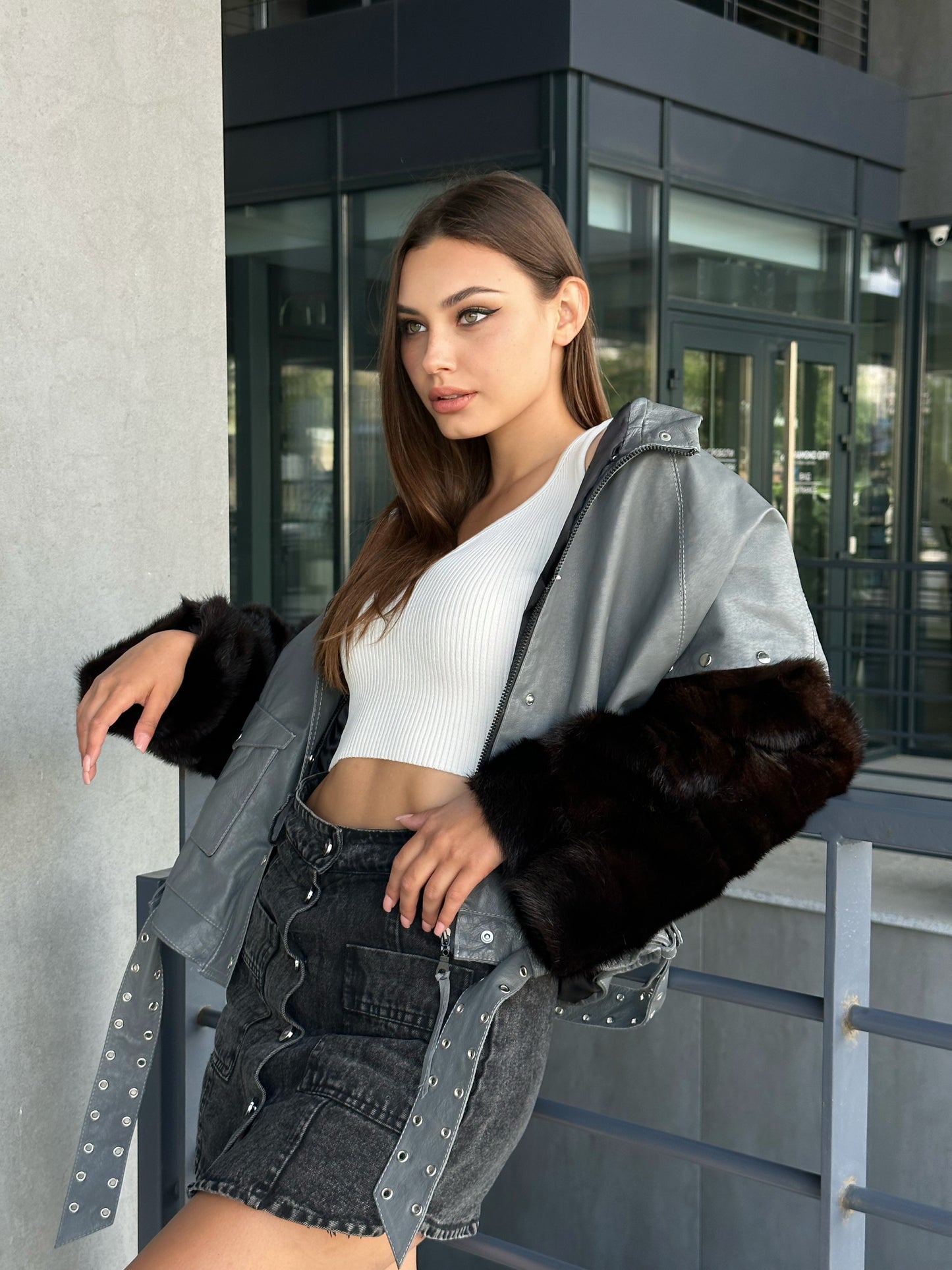 GENUINE REAL Mink Fur gray Sheep Leather Biker Jacket Women SIZE M 1109941