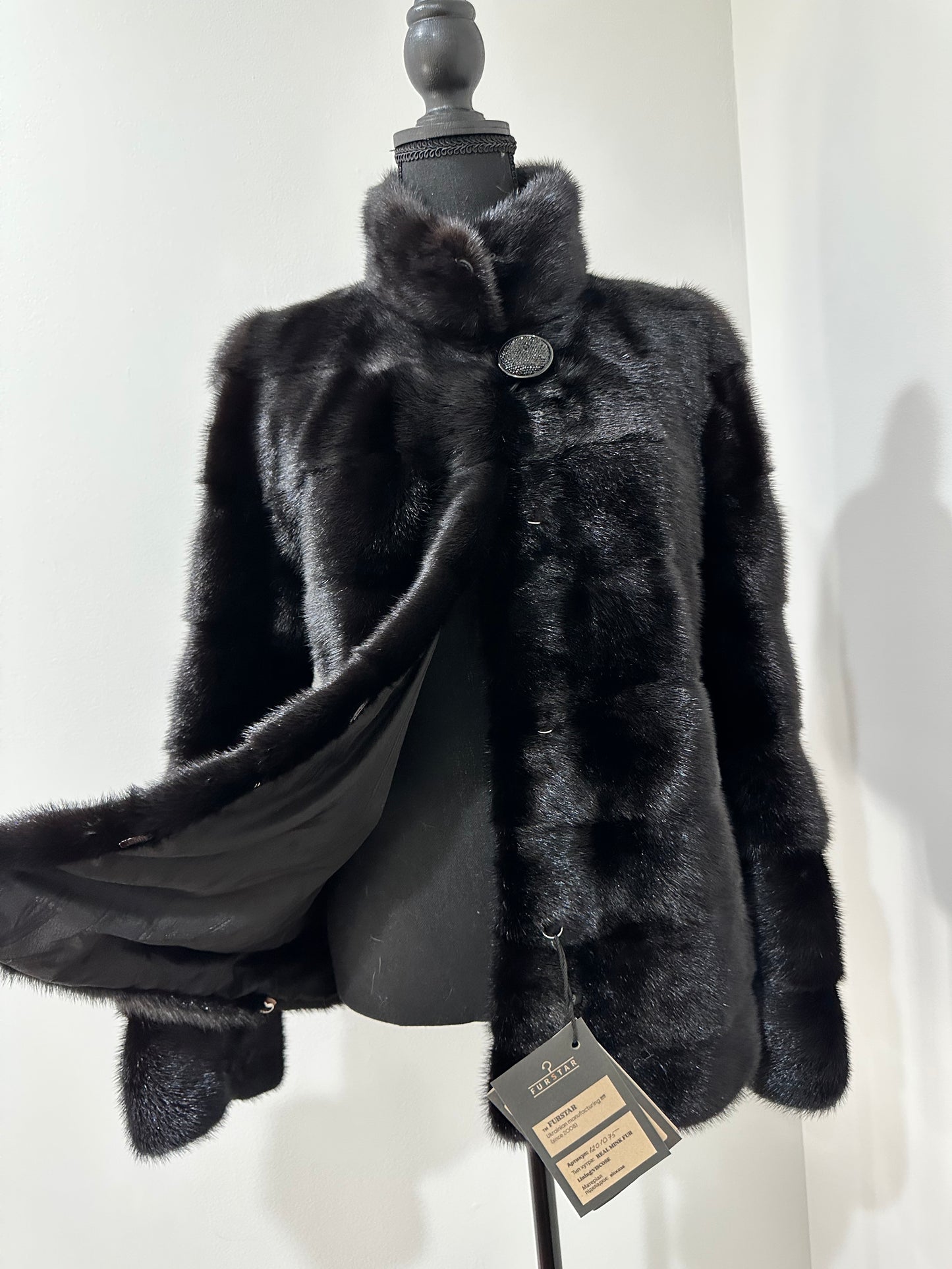 REAL Mink FUR jacket coat GENUINE 1201075 BLACK size S NEW Luxury SLEEVE detachabl
