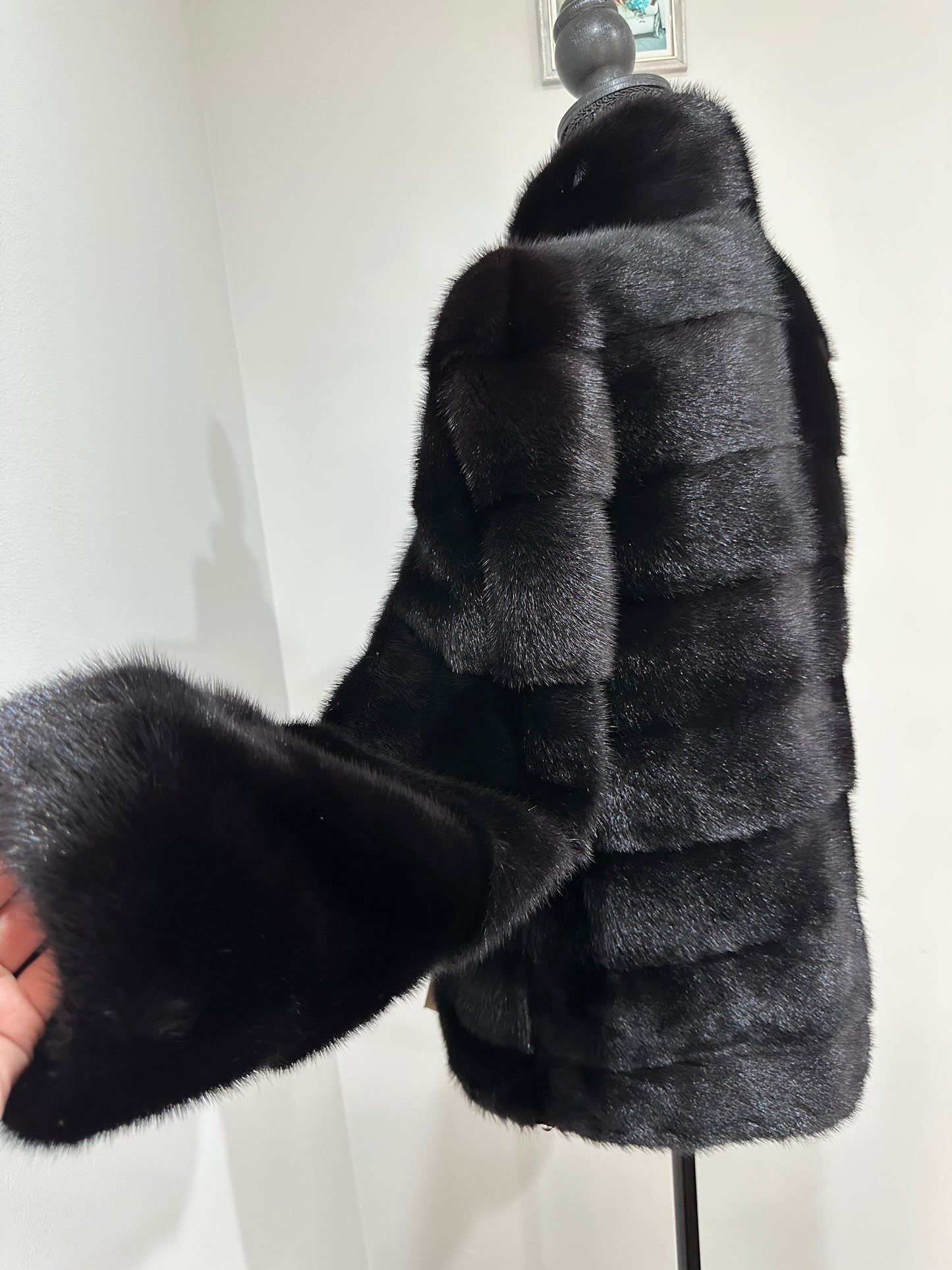 REAL Mink FUR jacket coat GENUINE 1201075 BLACK size S NEW Luxury SLEEVE detachabl