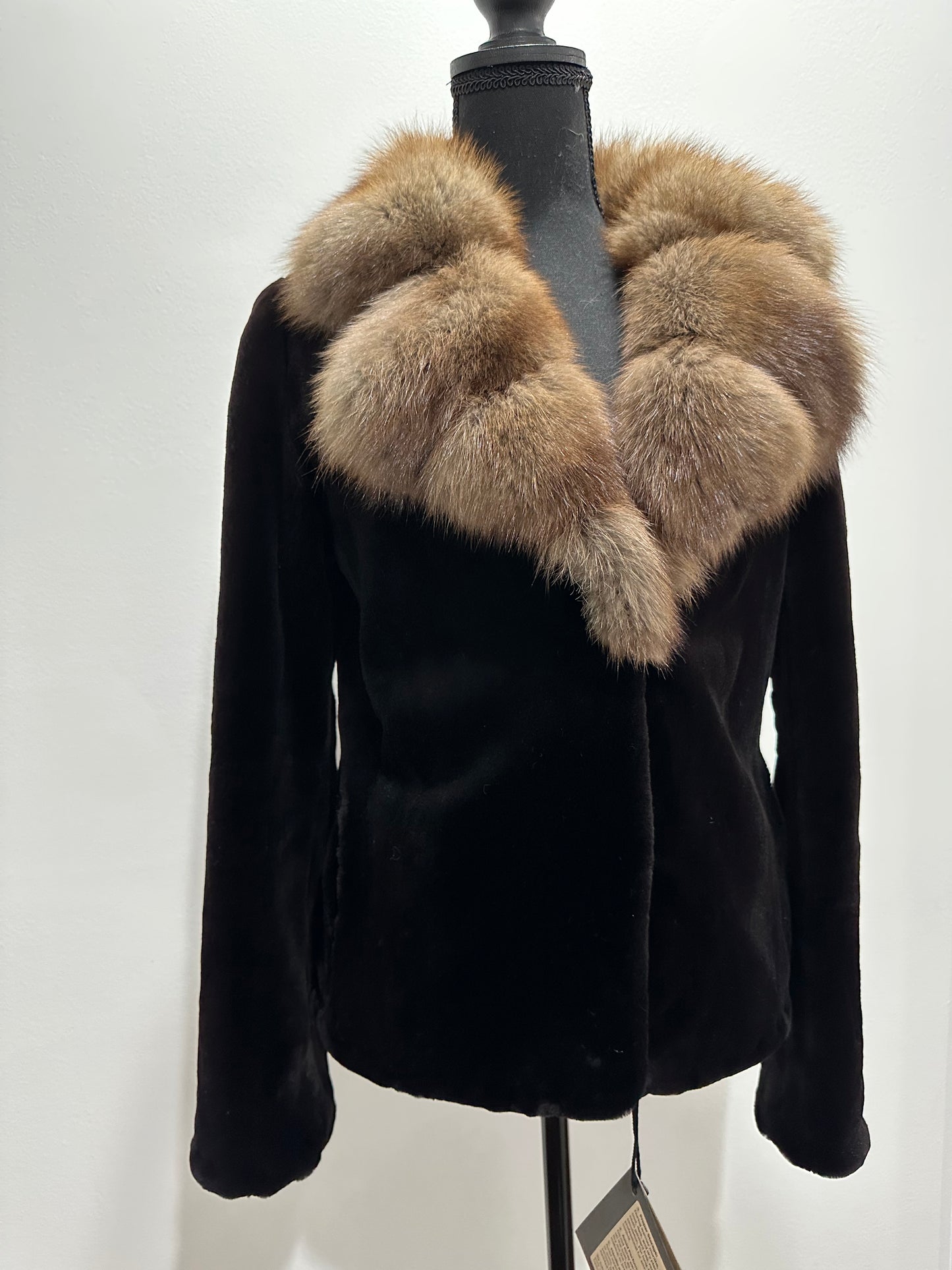 New BLACK MINK SHORT coat JACKET size S REAL SABLE COLLAR 1201079