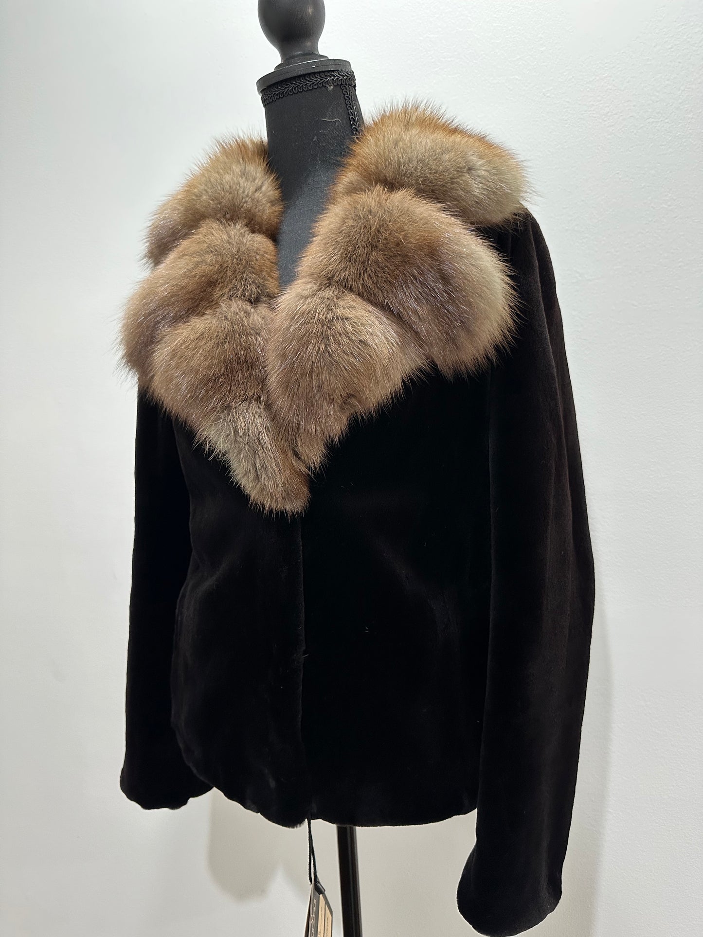 New BLACK MINK SHORT coat JACKET size S REAL SABLE COLLAR 1201079