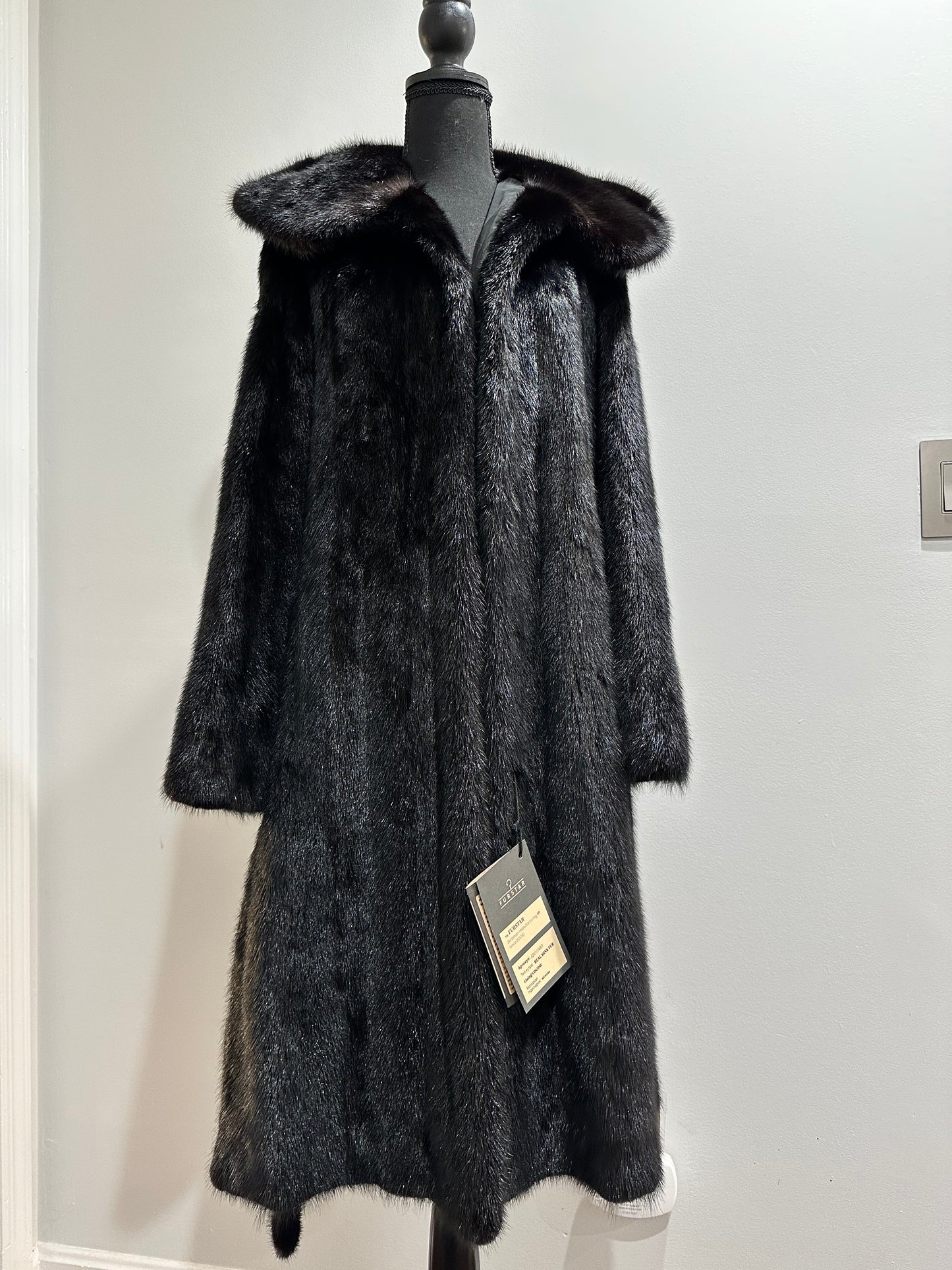 NEW REAL MINK FUR coat size M BELTED HOODED 1201100 long sleeve jacket BLACK
