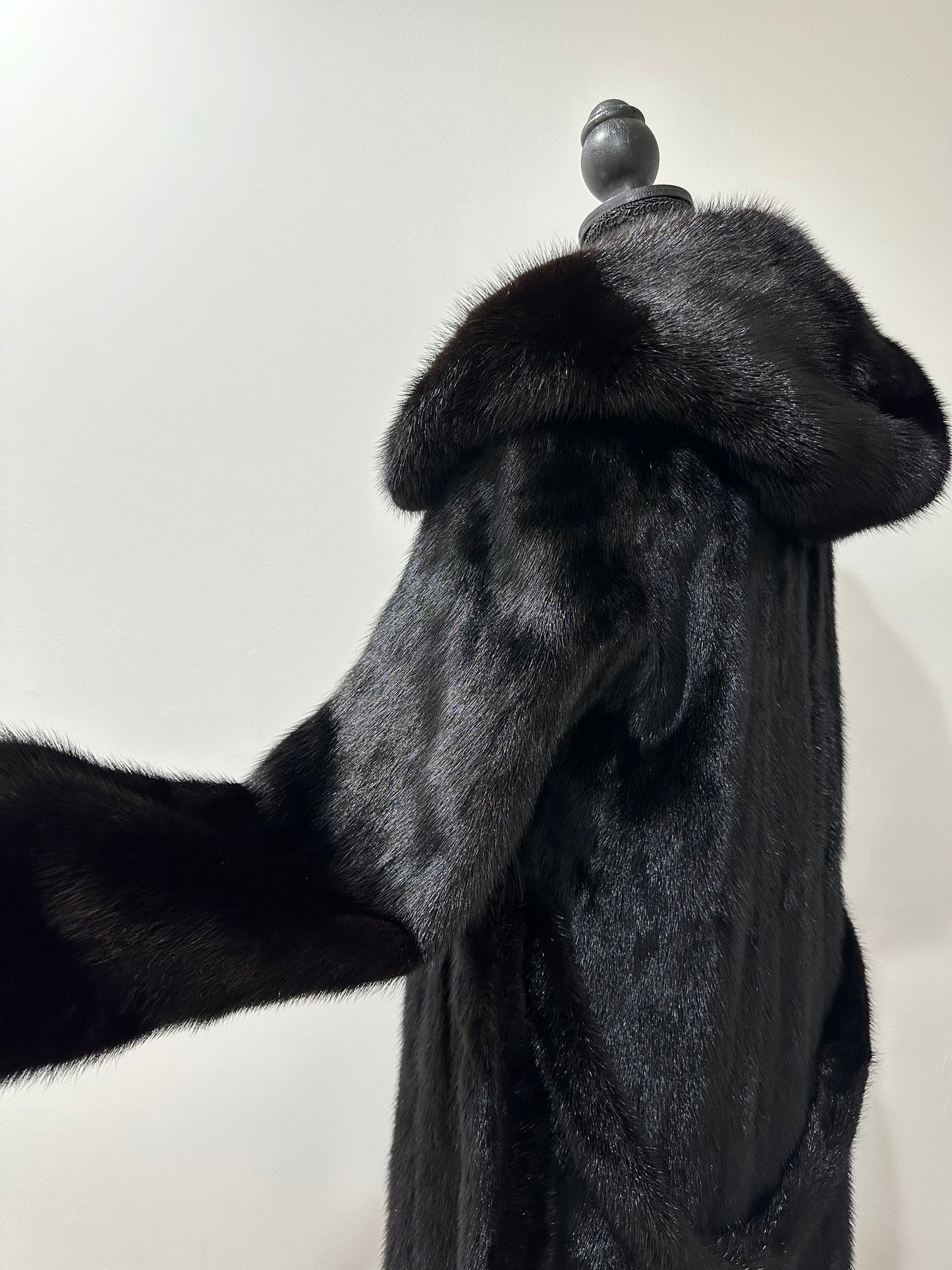NEW REAL MINK FUR coat size M BELTED HOODED 1201100 long sleeve jacket BLACK