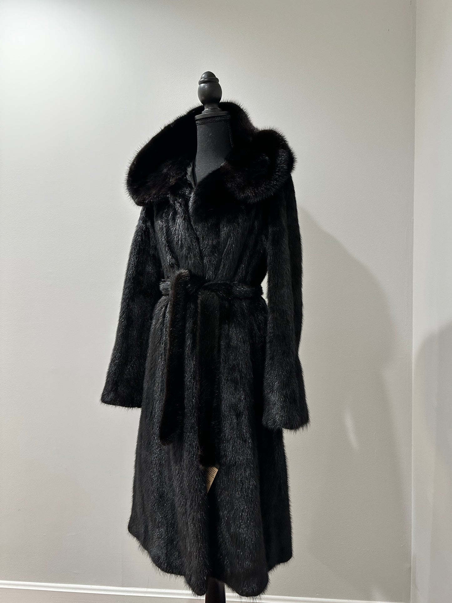 NEW REAL MINK FUR coat size M BELTED HOODED 1201100 long sleeve jacket BLACK