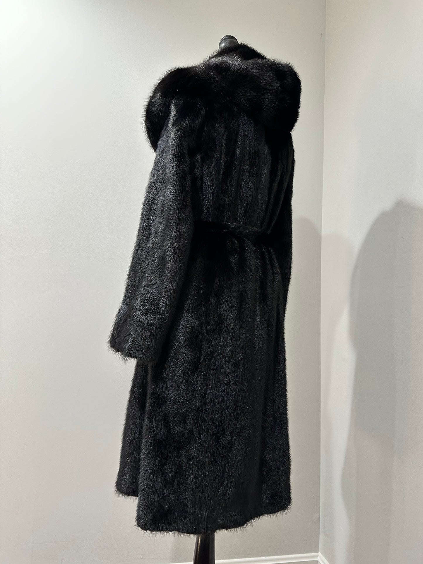 NEW REAL MINK FUR coat size M BELTED HOODED 1201100 long sleeve jacket BLACK
