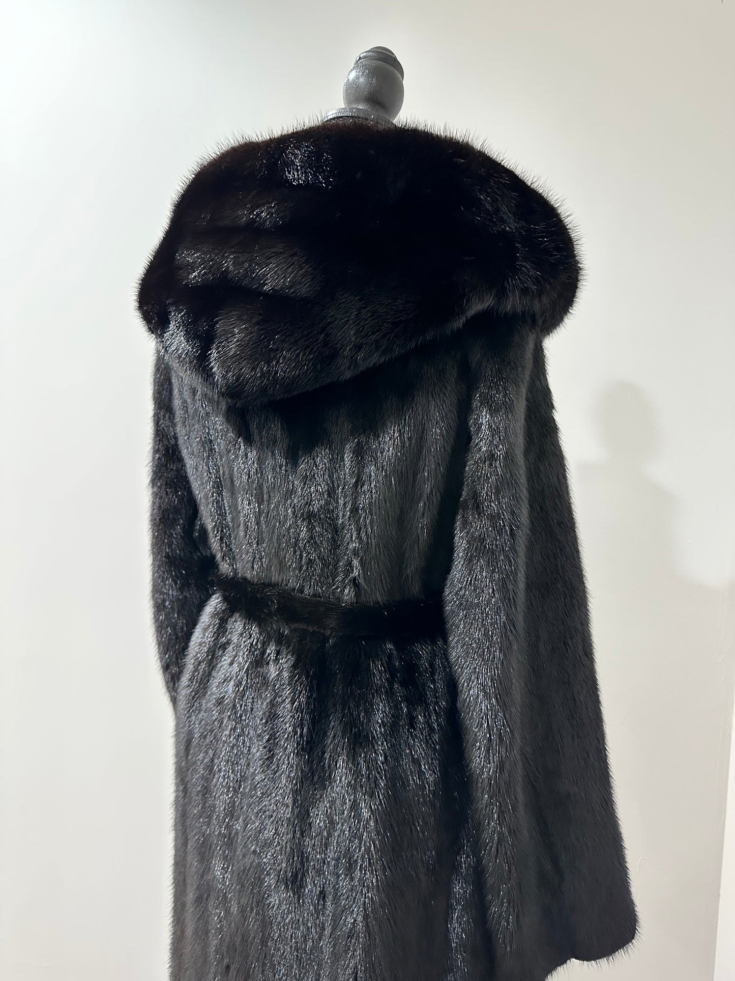 NEW REAL MINK FUR coat size M BELTED HOODED 1201100 long sleeve jacket BLACK
