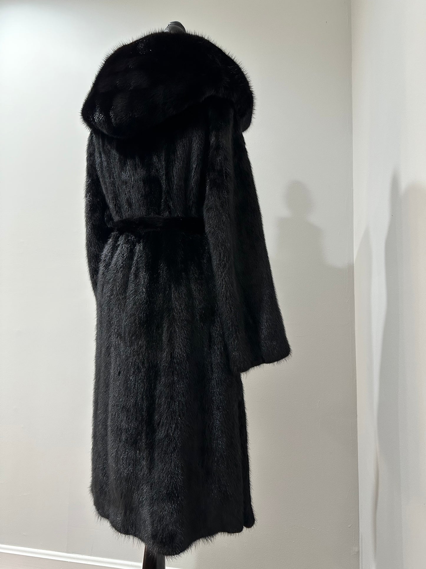 NEW REAL MINK FUR coat size M BELTED HOODED 1201100 long sleeve jacket BLACK