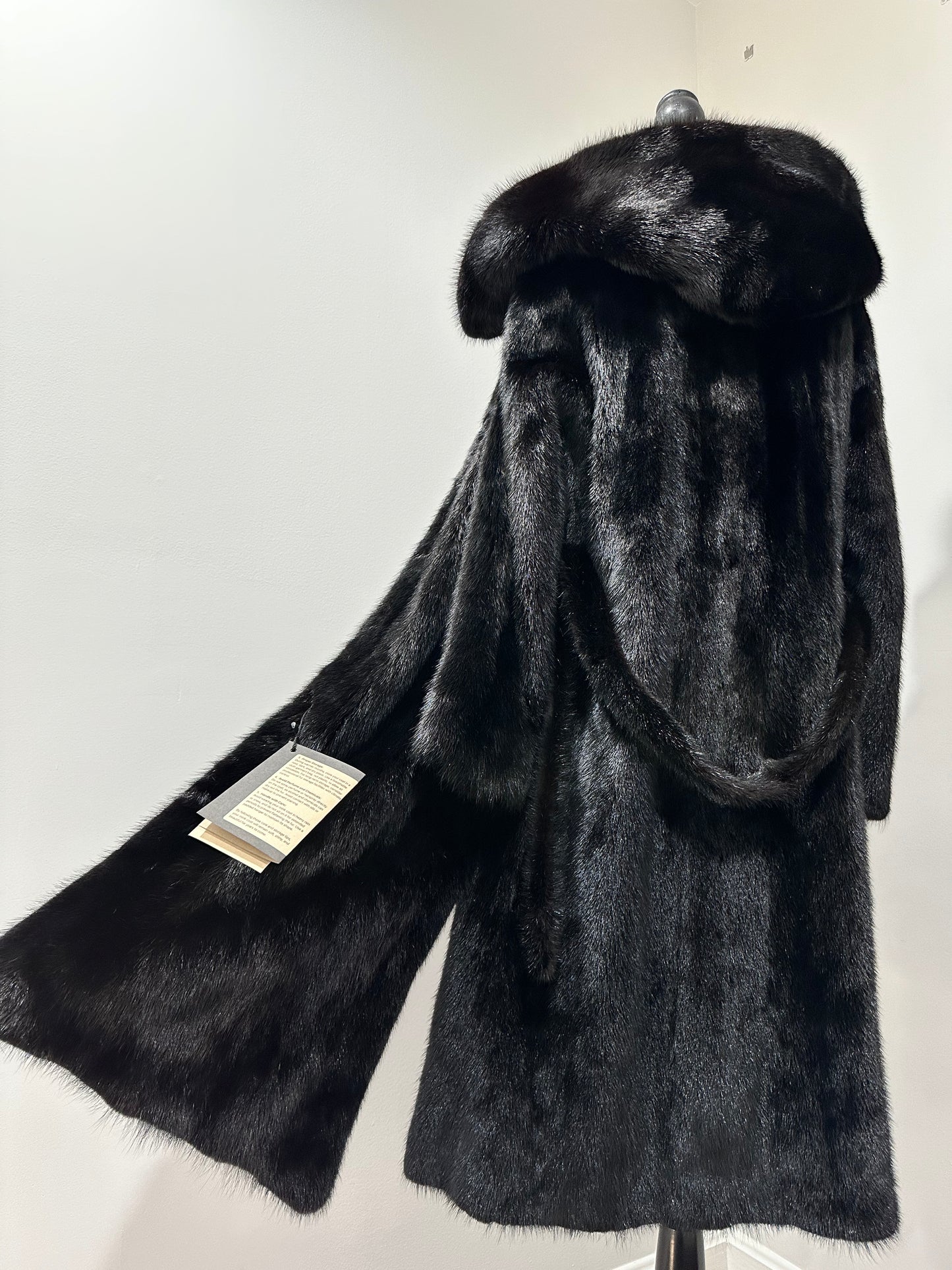 NEW REAL MINK FUR coat size M BELTED HOODED 1201100 long sleeve jacket BLACK