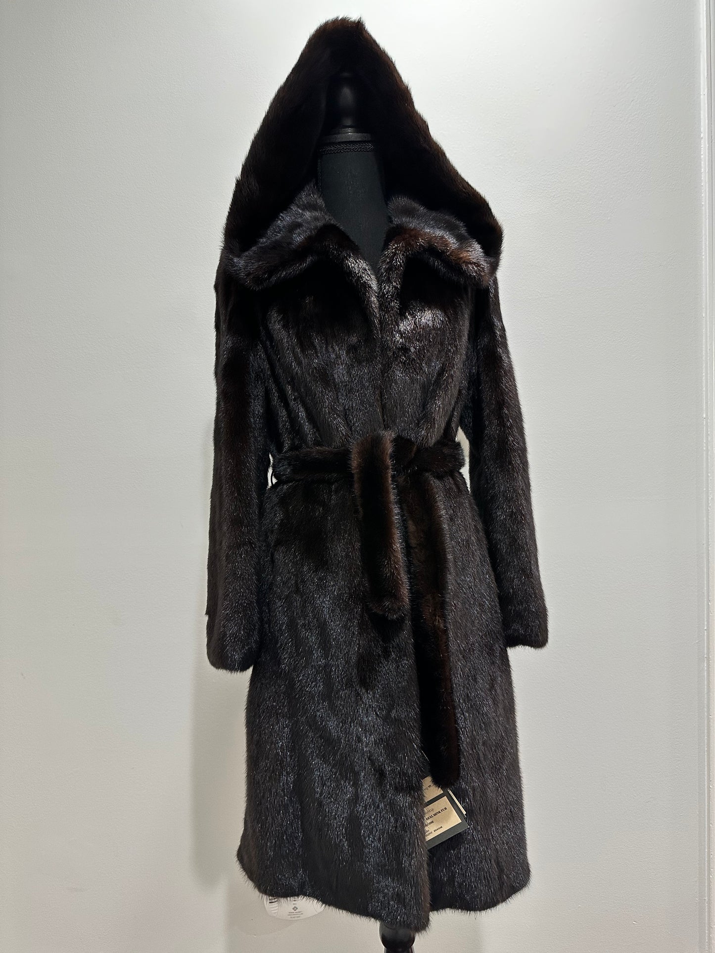 NEW REAL MINK FUR coat size M BELTED HOODED 1201104 long sleeve jacket BROWN