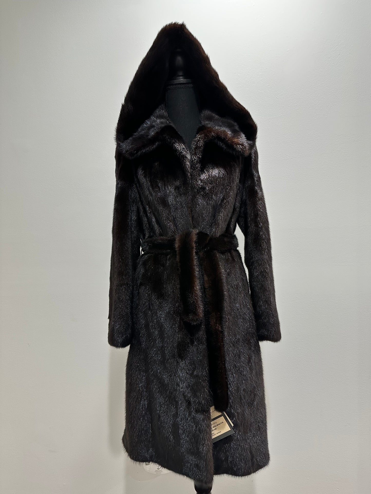 NEW REAL MINK FUR coat size M BELTED HOODED 1201104 long sleeve jacket BROWN