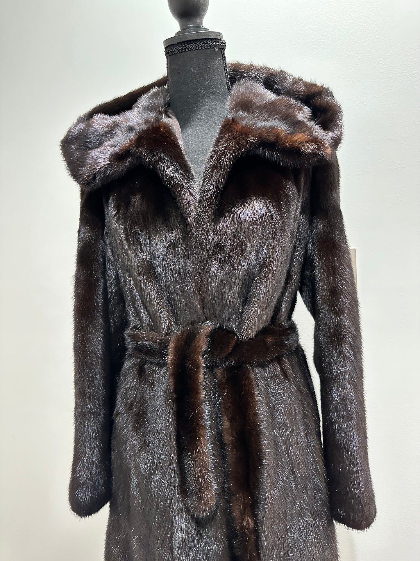 NEW REAL MINK FUR coat size M BELTED HOODED 1201104 long sleeve jacket BROWN