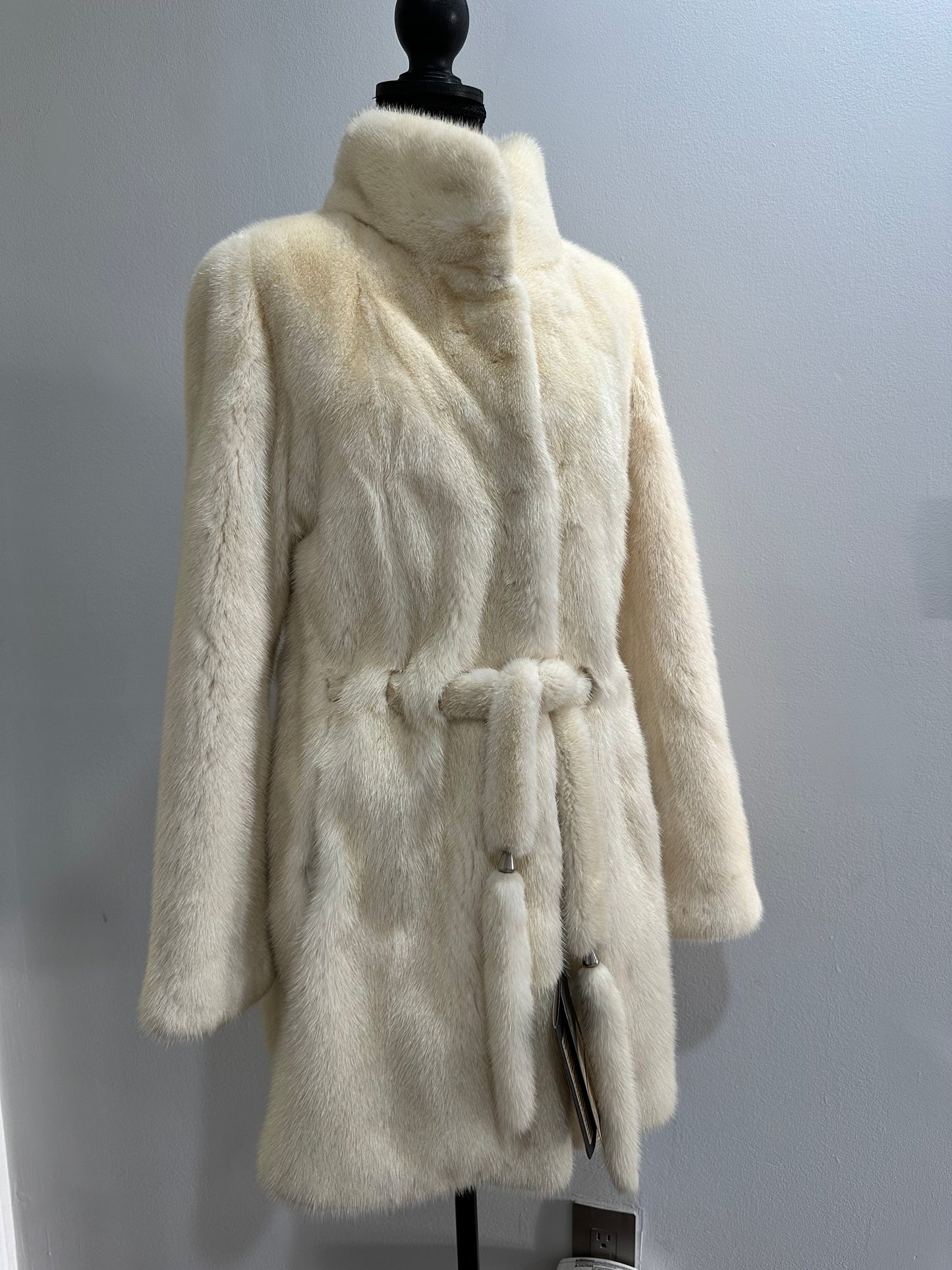 Luxury Womens Real 100% Mink FUR IVORY genuine coat BELTED 1201113 size S NEW