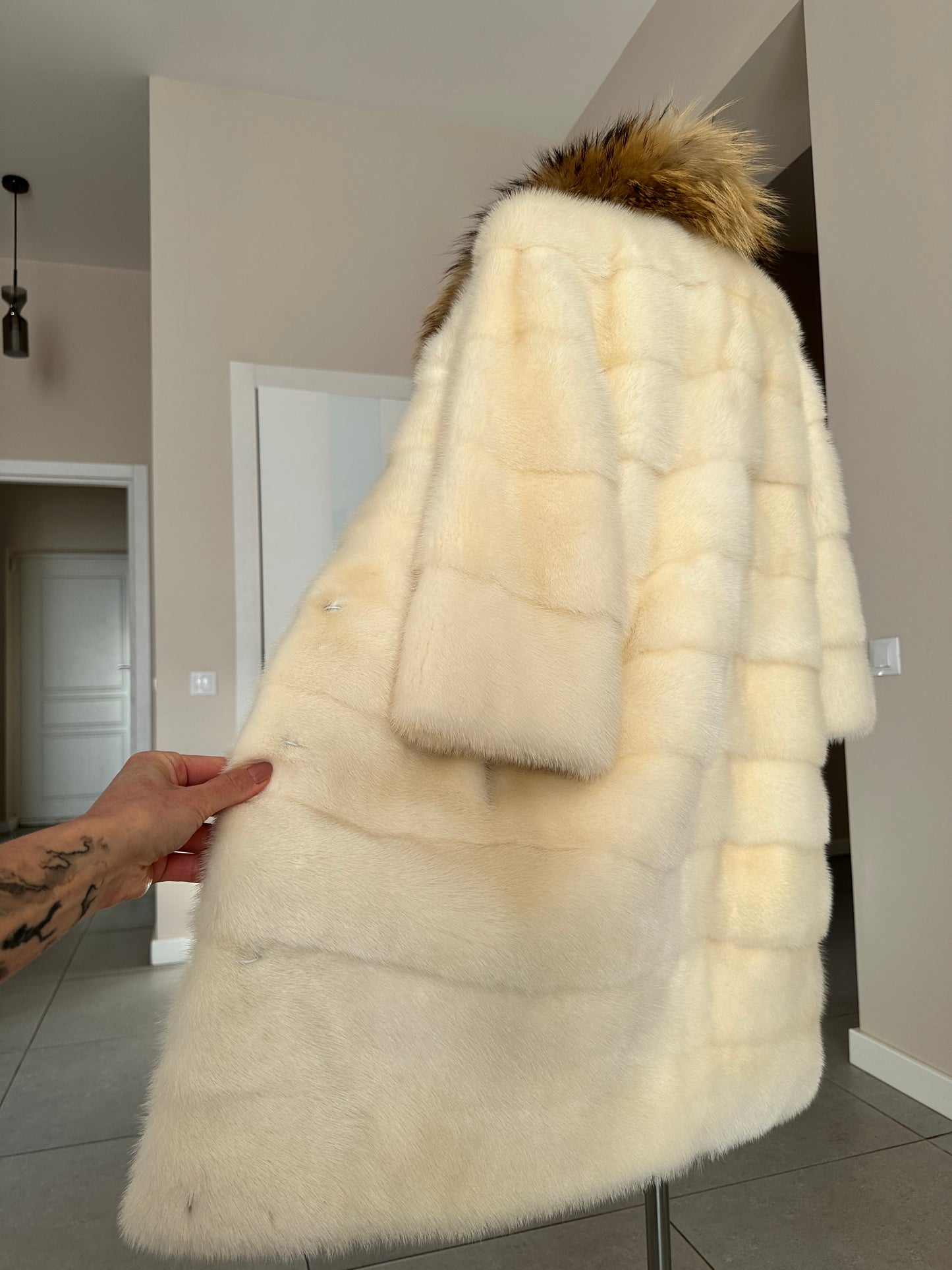 New Mink coat JACKET size XS REAL WHITE FULL SKIN lynx collar 1201005 HORIZONTAL