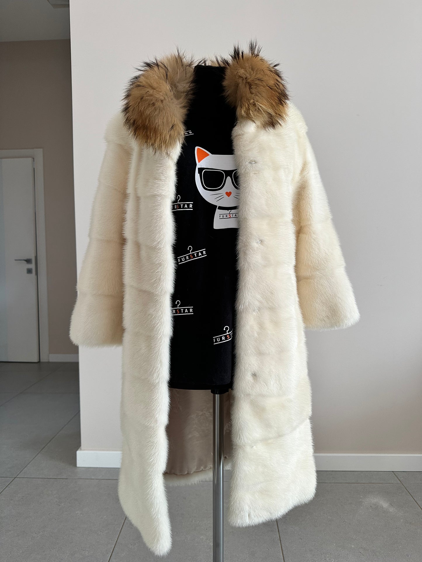 New Mink coat JACKET size XS REAL WHITE FULL SKIN lynx collar 1201005 HORIZONTAL