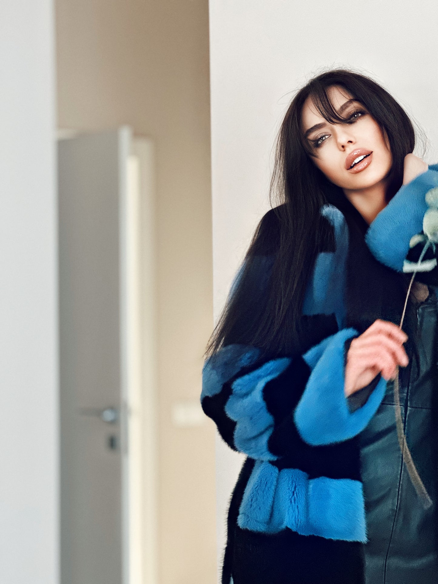 New Real MINK FUR Genuine Natural Coat Jacket BLUE Black SIZE L women 1109648