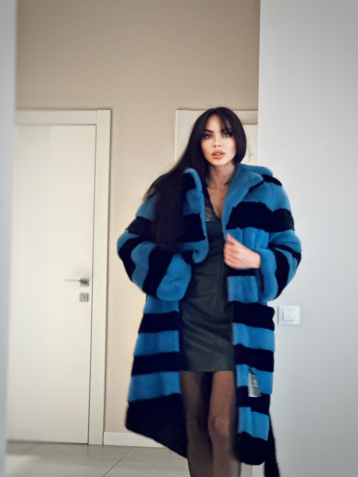 New Real MINK FUR Genuine Natural Coat Jacket BLUE Black SIZE L women 1109648