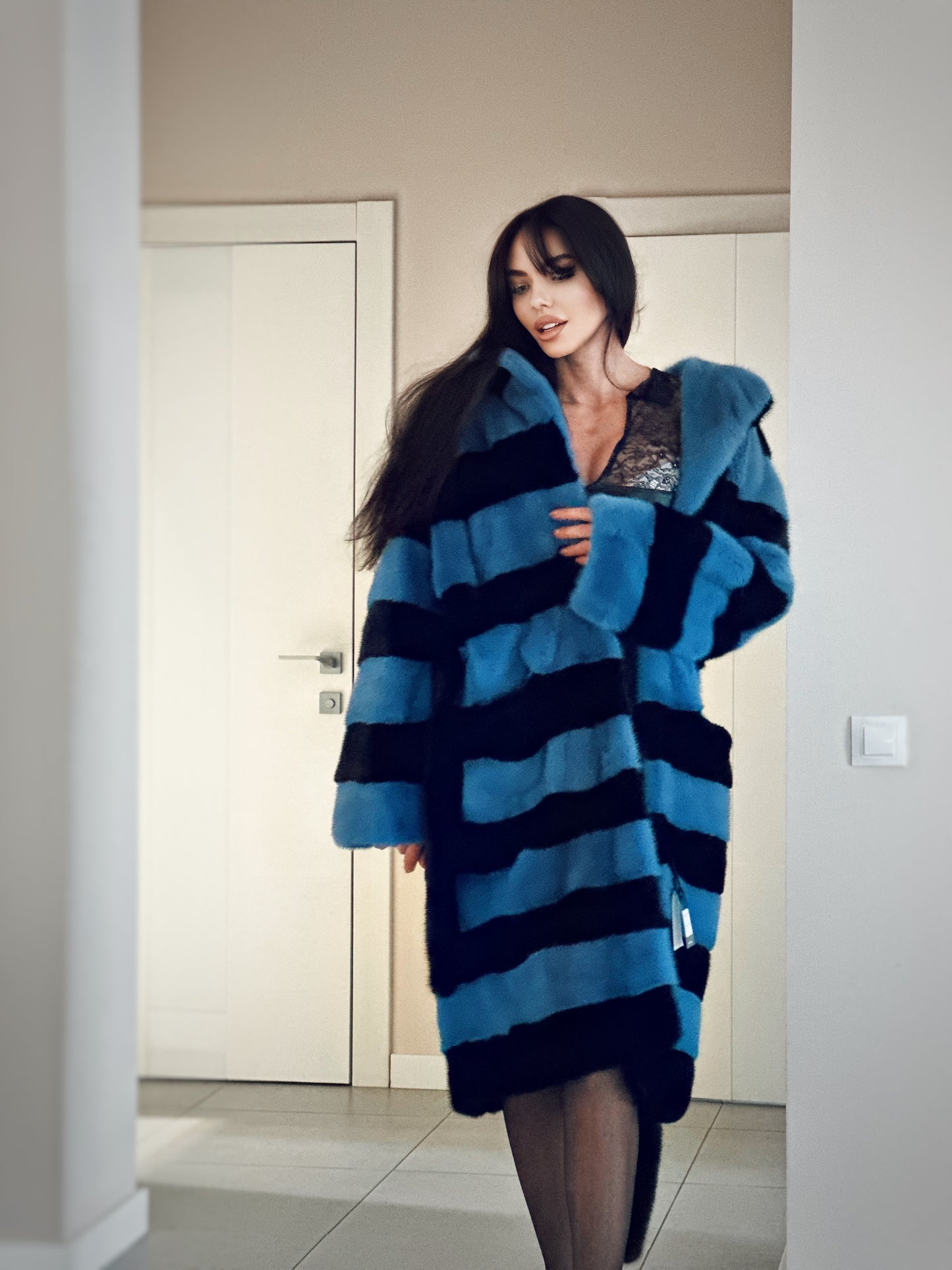 New Real MINK FUR Genuine Natural Coat Jacket BLUE Black SIZE L women 1109648