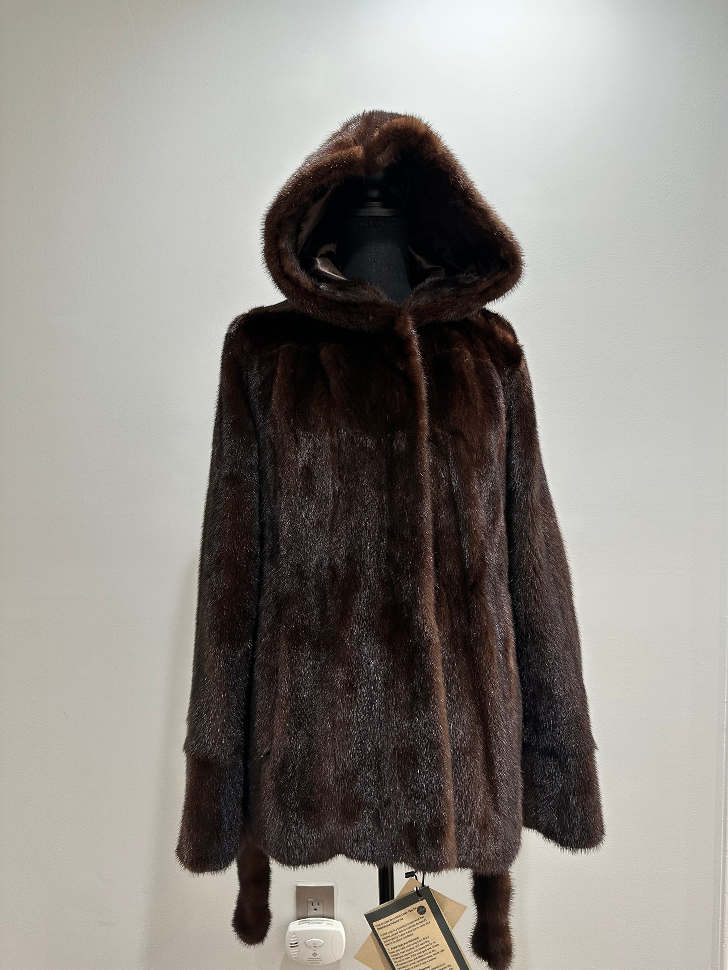 Luxury Womens Real 100% MINK FUR COAT 1201065 size L Hooded Jacket BROWN NATURAL