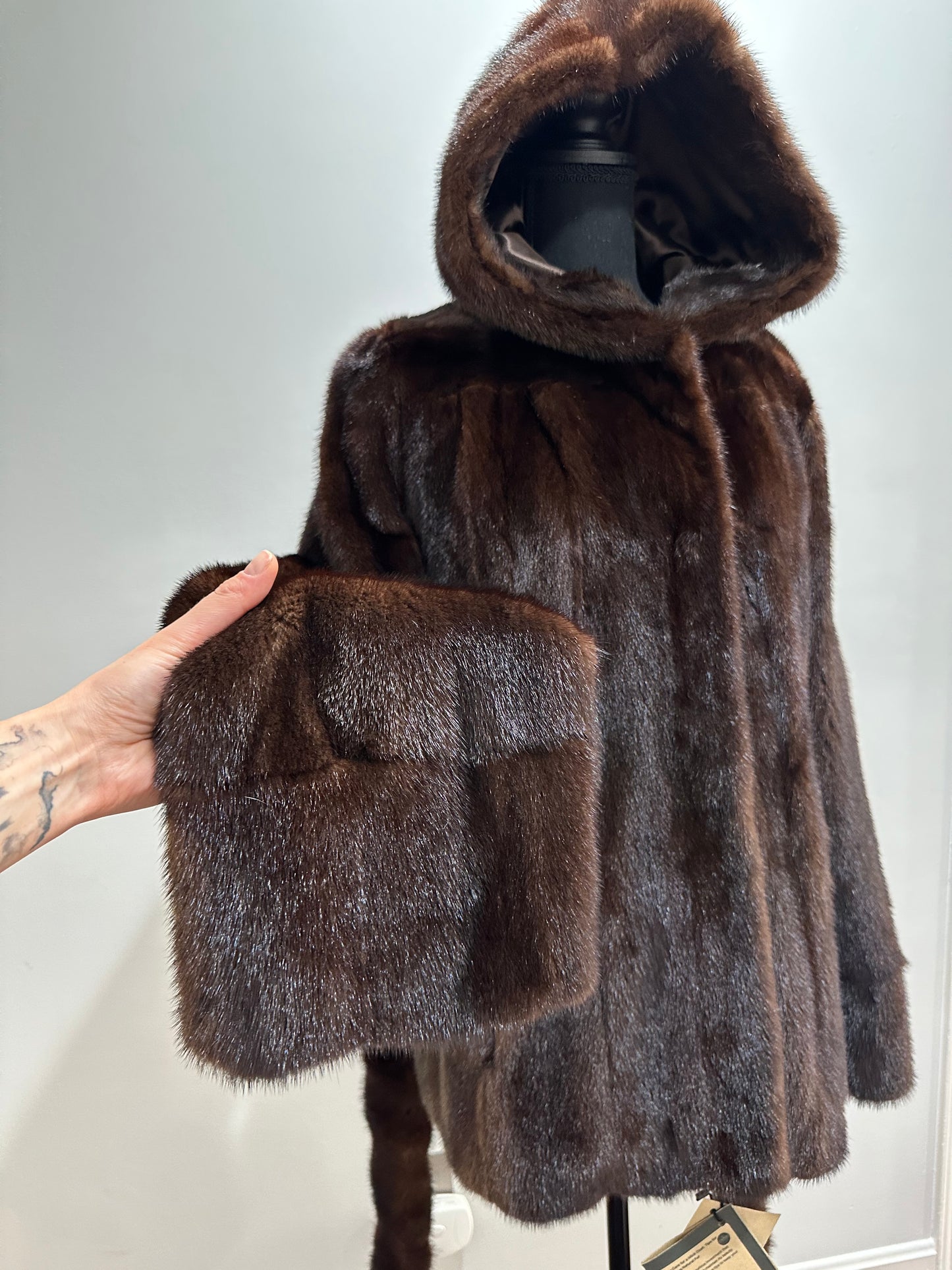 Luxury Womens Real 100% MINK FUR COAT 1201065 size L Hooded Jacket BROWN NATURAL