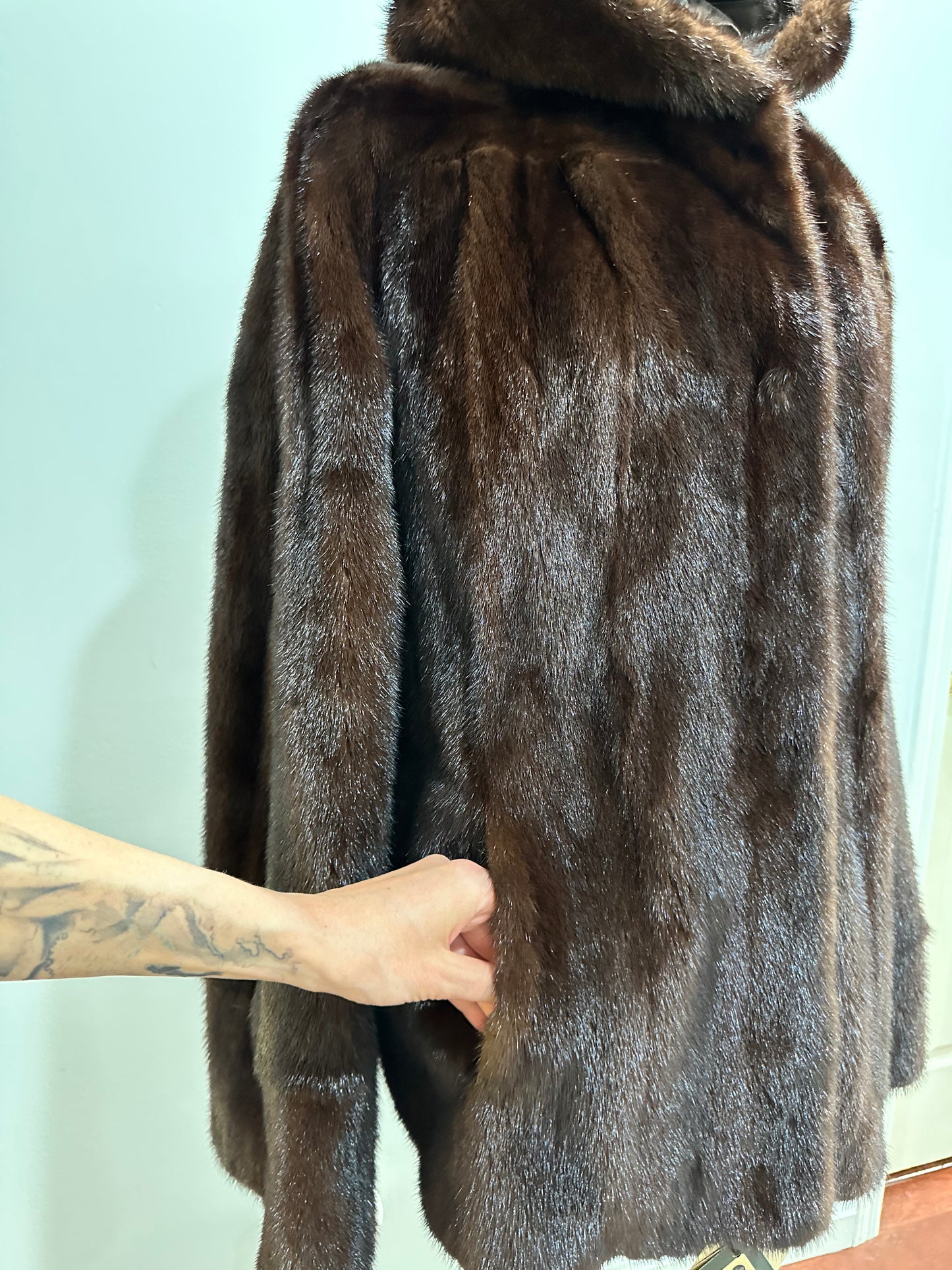 Luxury Womens Real 100% MINK FUR COAT 1201065 size L Hooded Jacket BROWN NATURAL