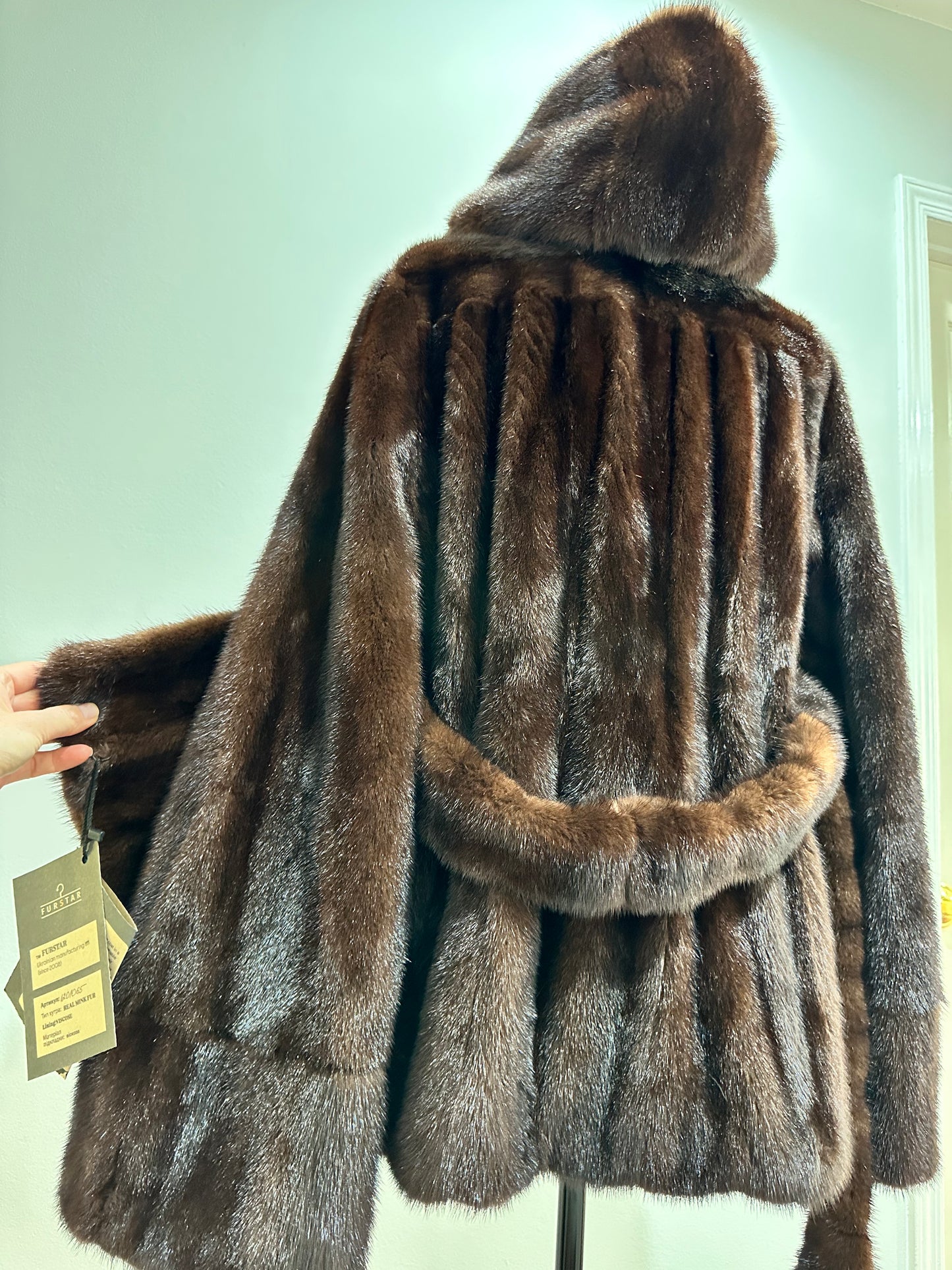 Luxury Womens Real 100% MINK FUR COAT 1201065 size L Hooded Jacket BROWN NATURAL