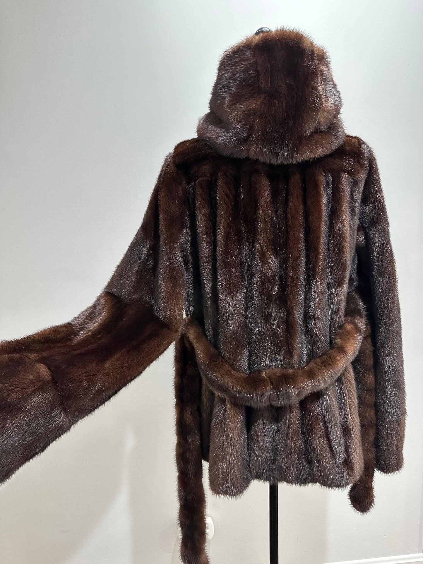 Luxury Womens Real 100% MINK FUR COAT 1201065 size L Hooded Jacket BROWN NATURAL