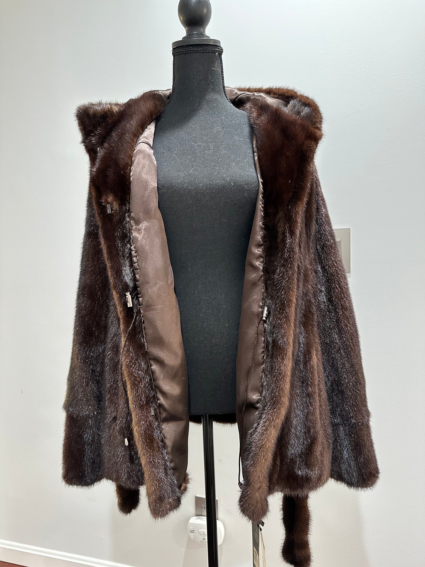 Luxury Womens Real 100% MINK FUR COAT 1201065 size L Hooded Jacket BROWN NATURAL