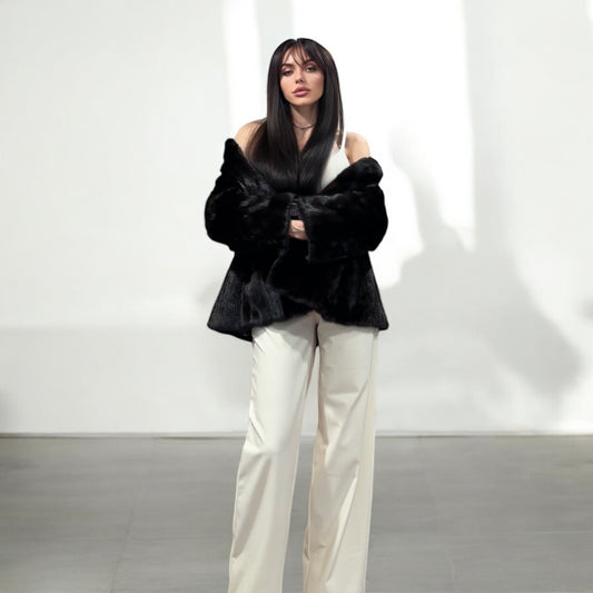 Luxury Womens Real Mink Fur jacket coat 1109778 BLACK genuine fur size L NEW